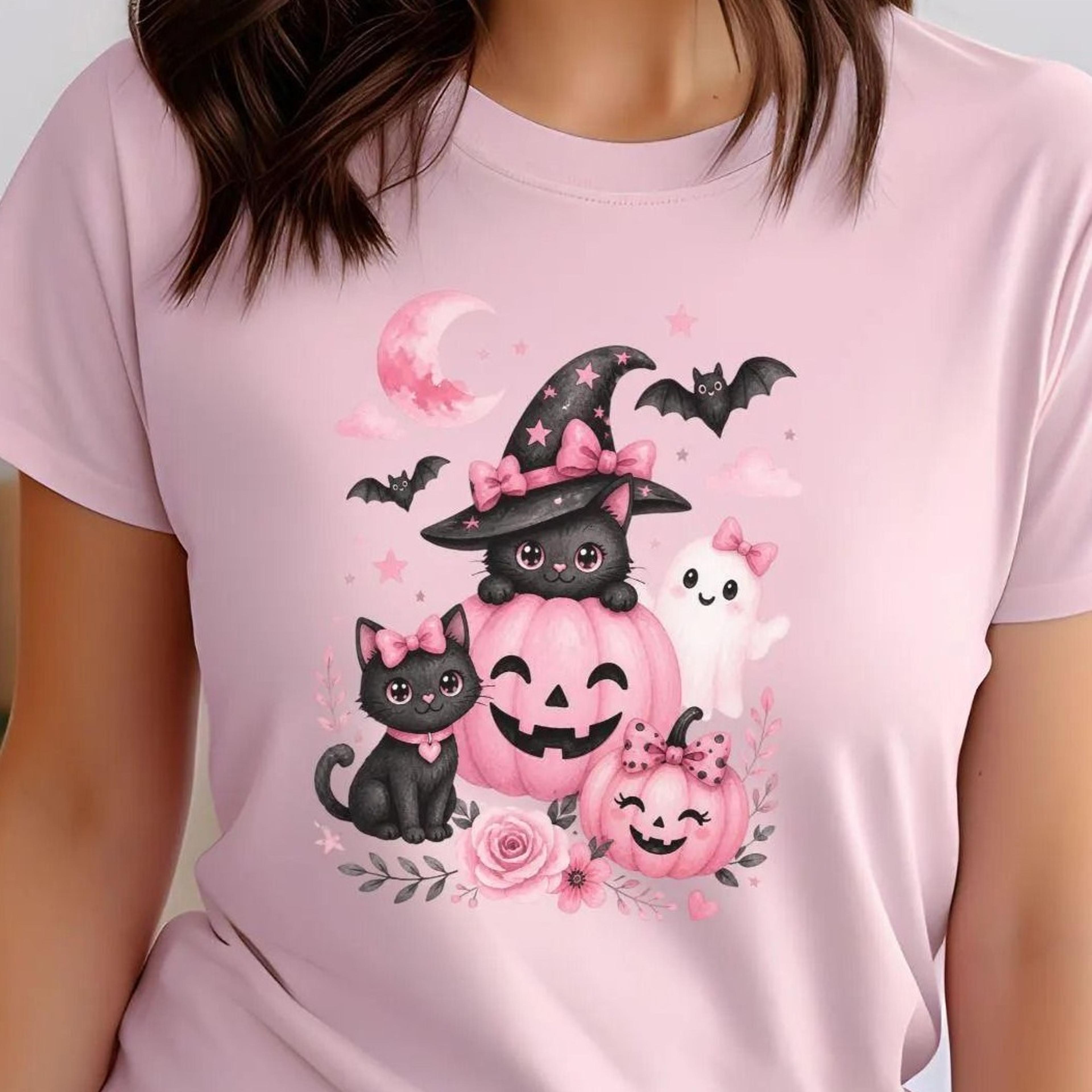 pink halloween t-shirt, girlie halloween, pink vibes, autumn, leaves, pumpkin, cute ghosts, black cat, coquette