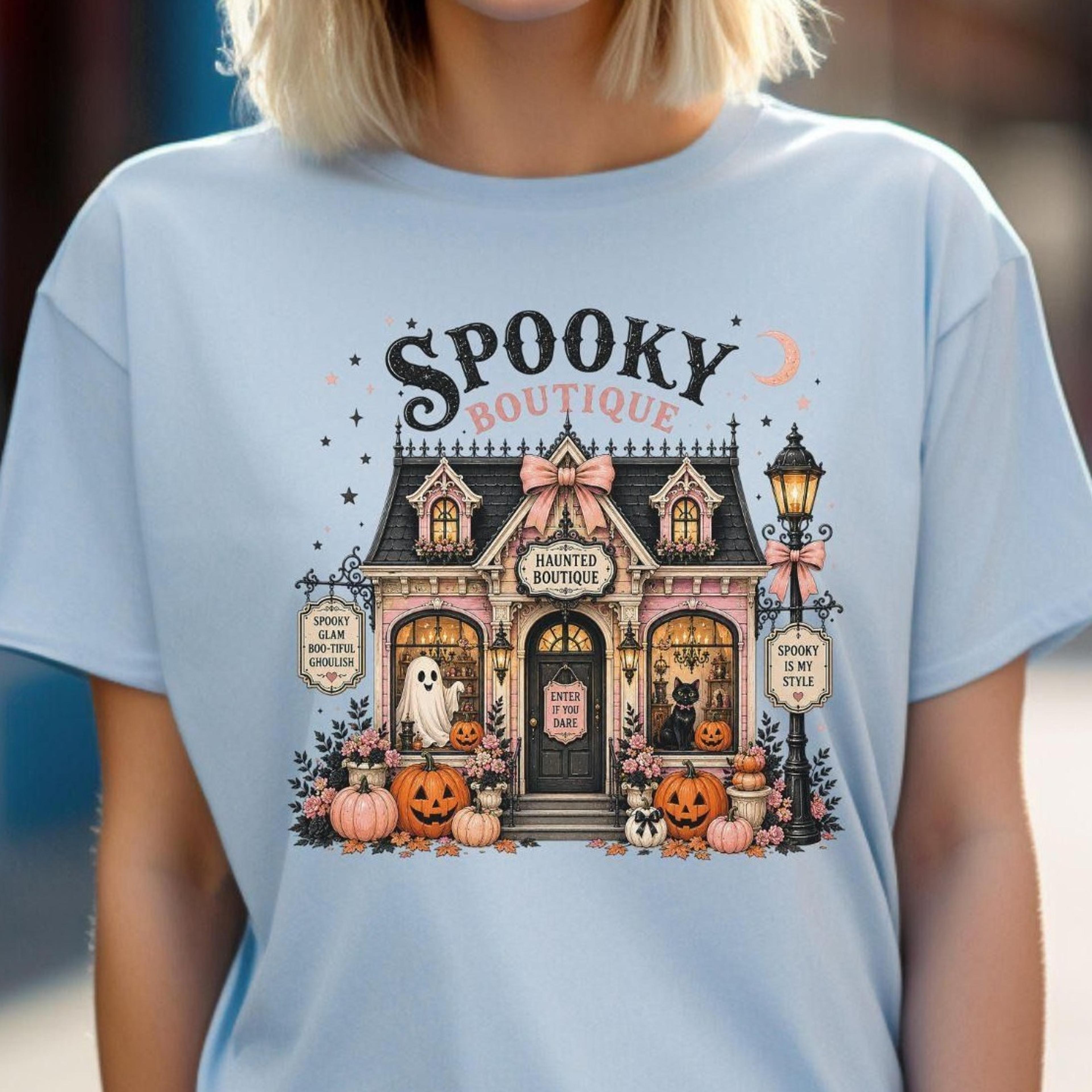pink halloween t-shirt, girlie halloween, pink vibes, autumn, spooky house, pumpkin, ghosts, black cat, romantic