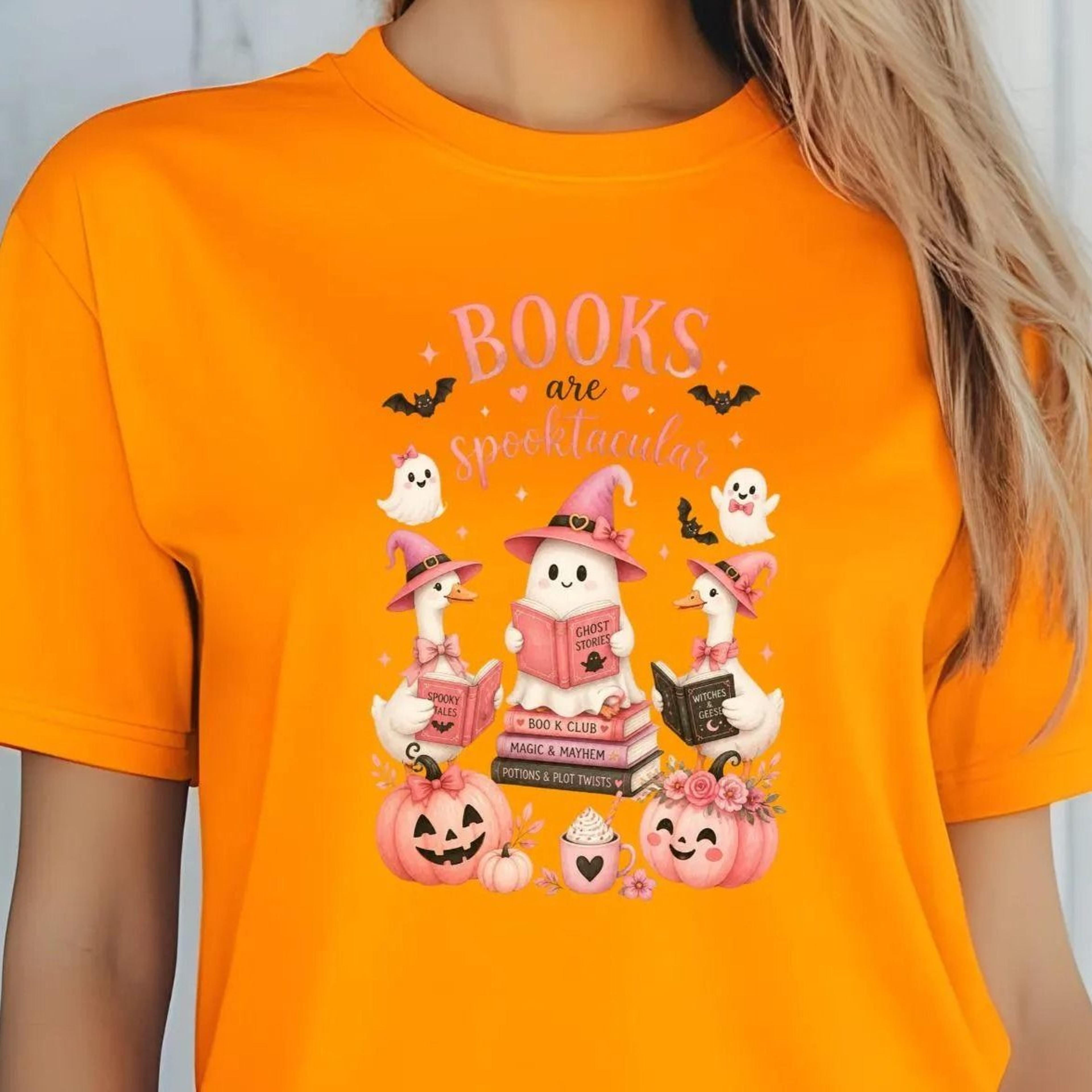 pink halloween t-shirt, girlie halloween, pink vibes, autumn, leaves, pumpkin, ghosts, black cat, books, readers