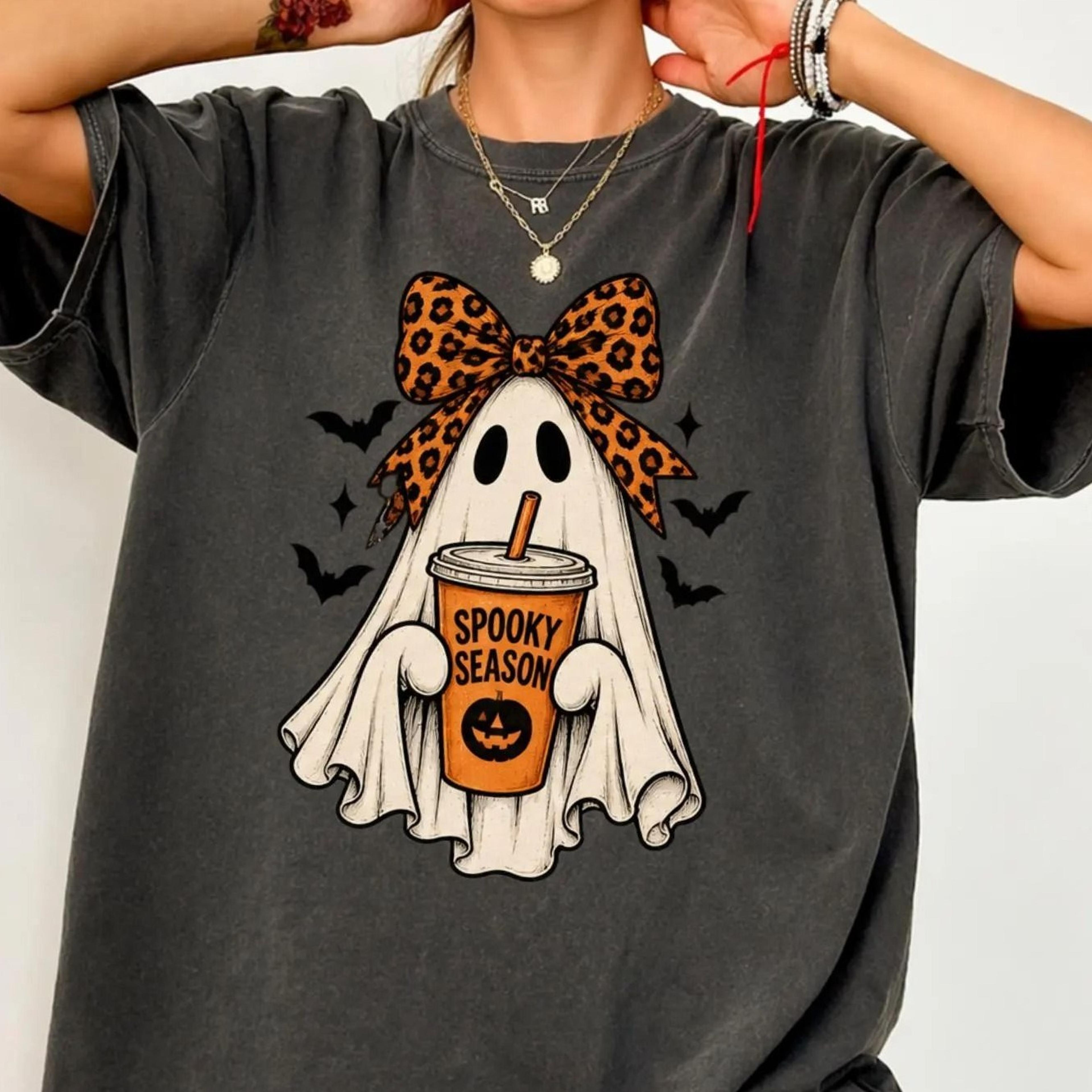 spooky season ghost shirt, leopard bow halloween tee, ghost coffee shirt, coquette halloween shirt, cute ghost tee, girl
