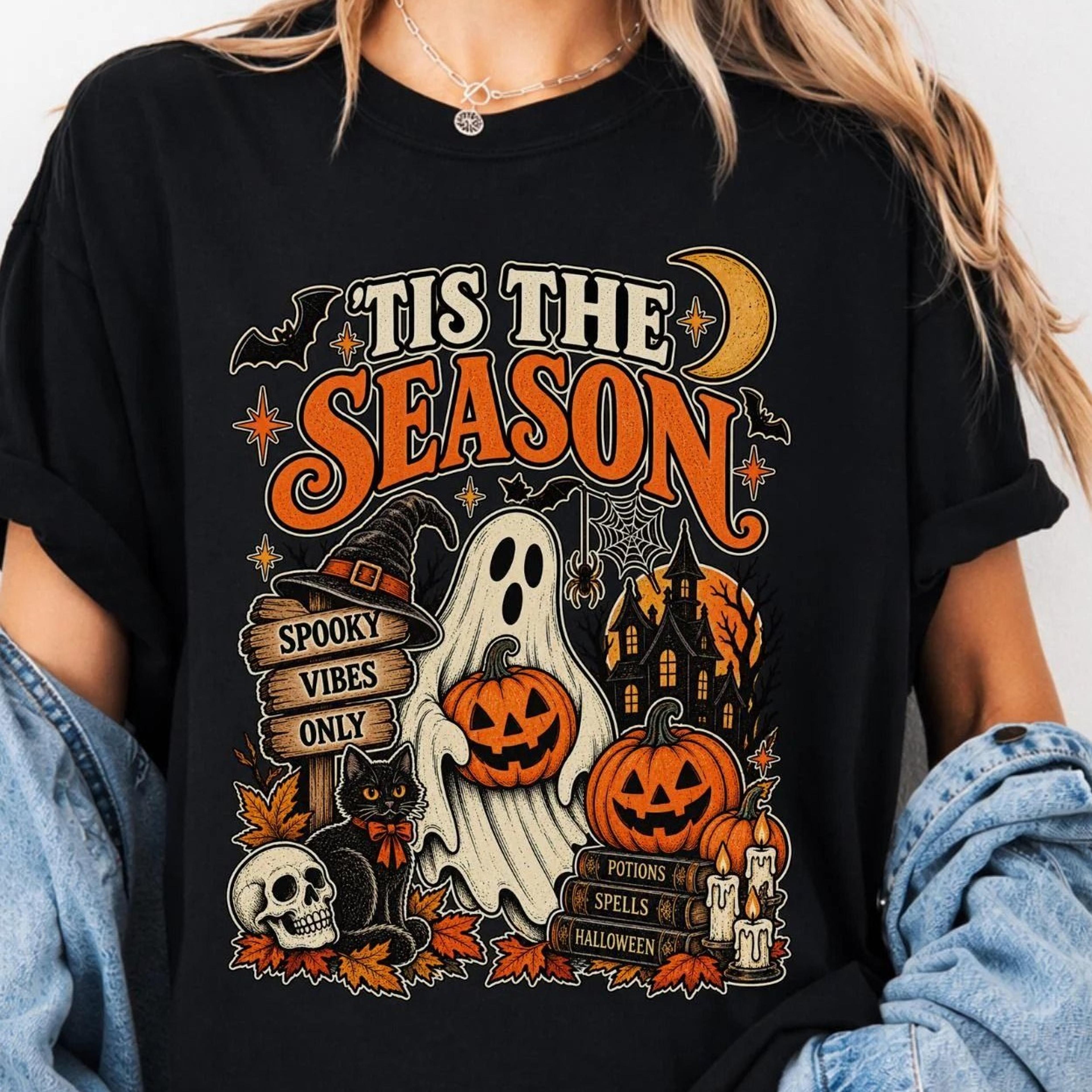 shirt, retro 'tis the season skeleton pumpkin ghost halloween tshirt