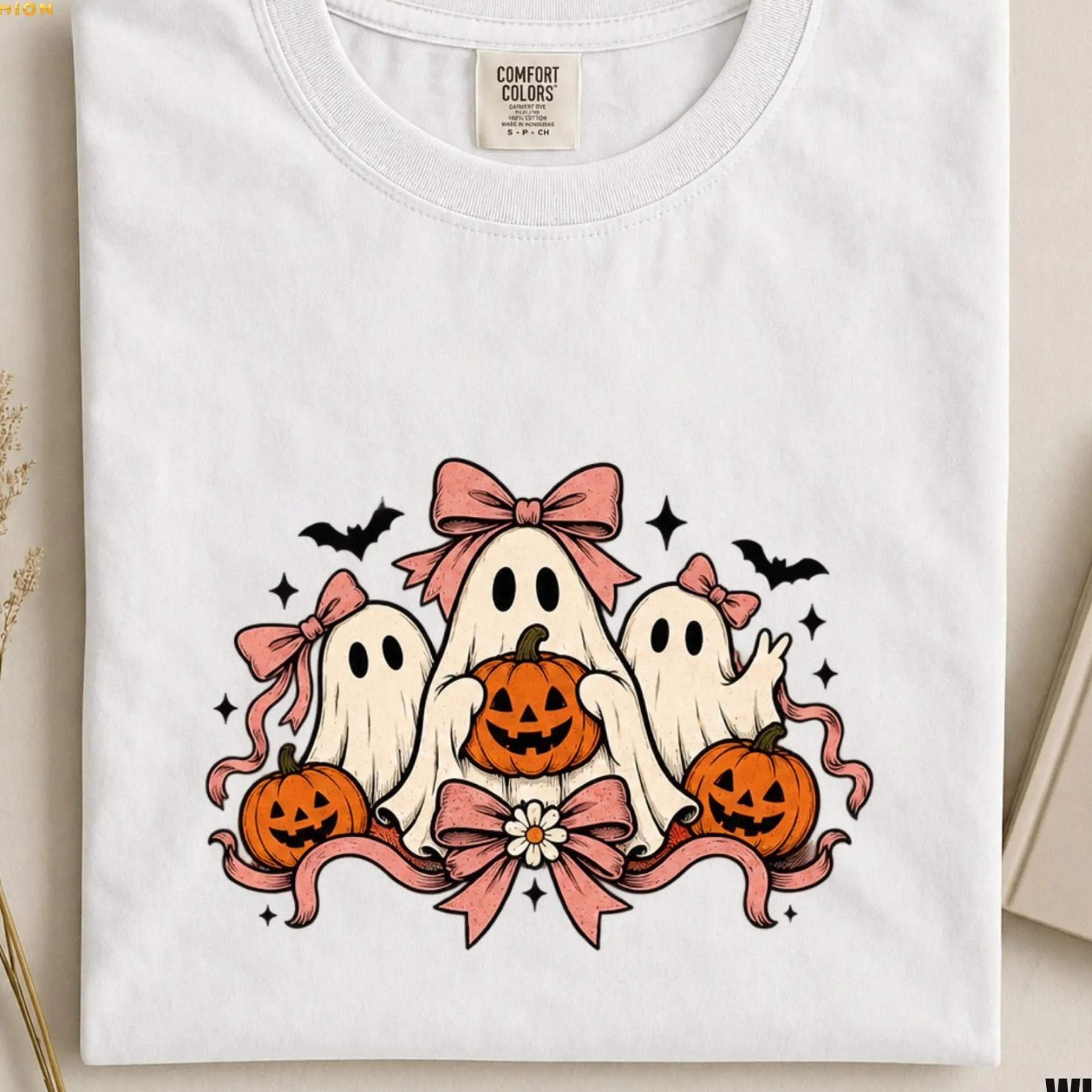 cute ghost halloween shirt, comfort colors halloween tee, pink bow halloween tee, pumpkin ghost shirt