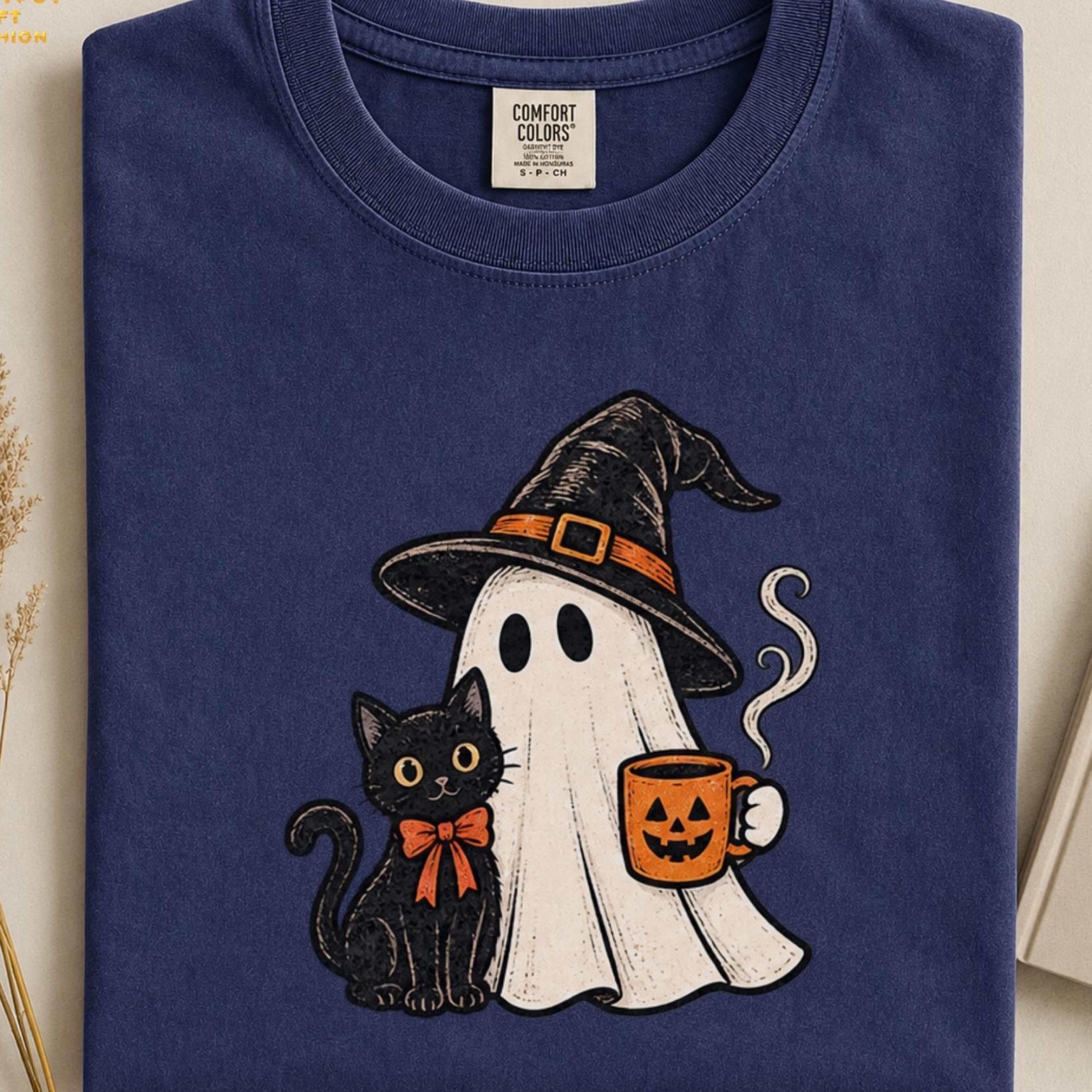 black cat halloween shirt, cute ghost witch tee, spooky coffee shirt, vintage halloween