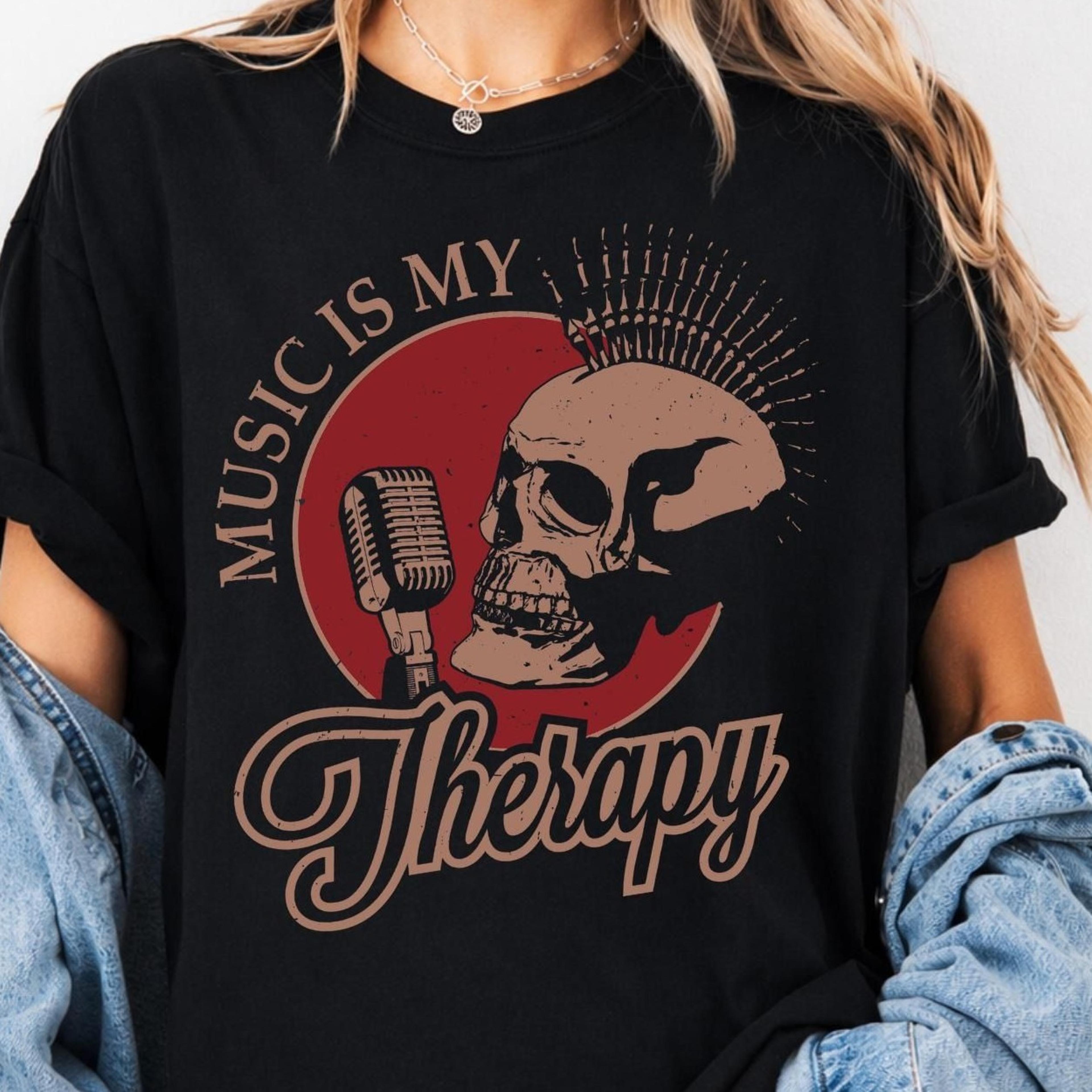 music is my therapy shirt, rock music graphic tee, skull microphone t-shirt, vintage music lover shirt, band style tee