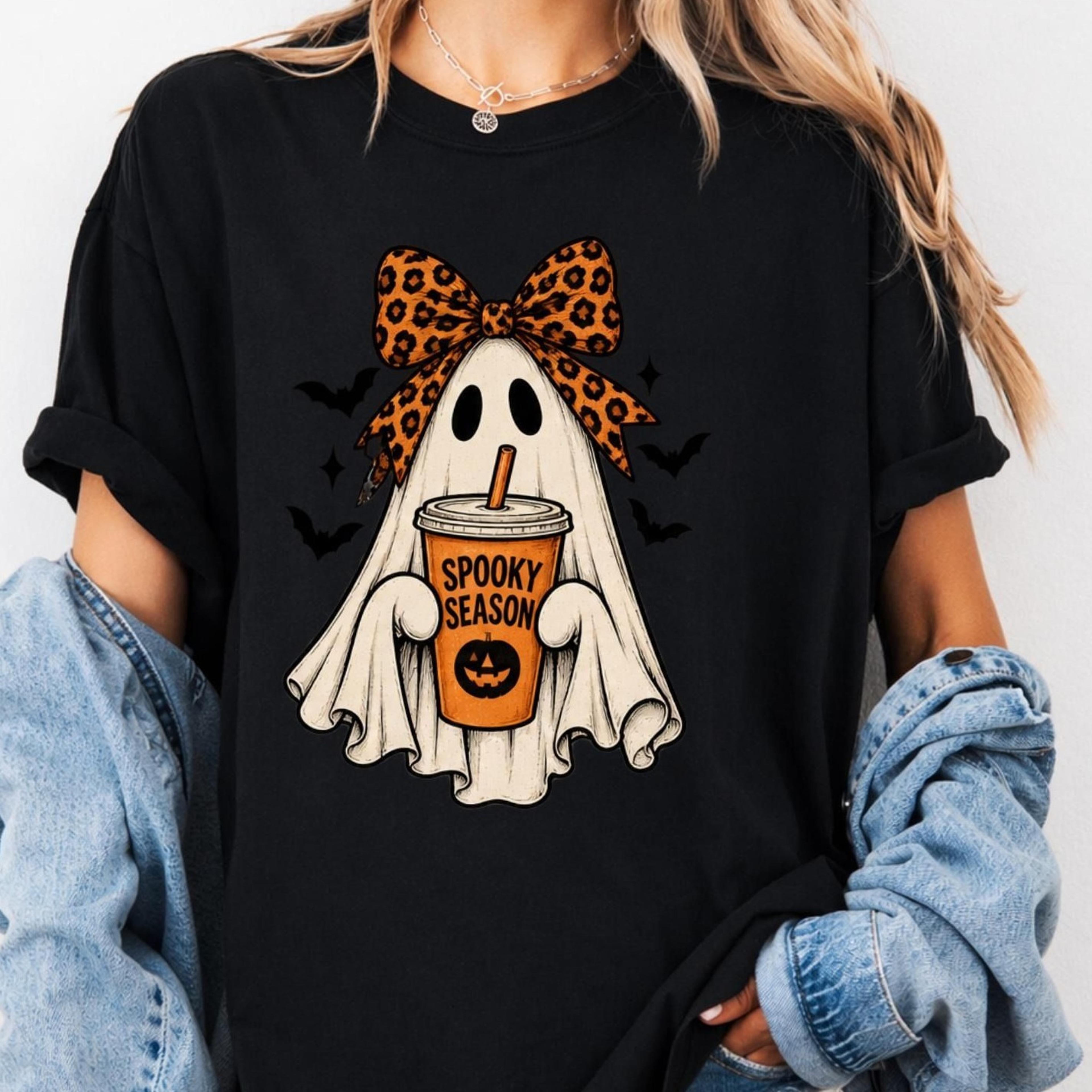 spooky season ghost shirt, leopard bow halloween tee, ghost coffee shirt