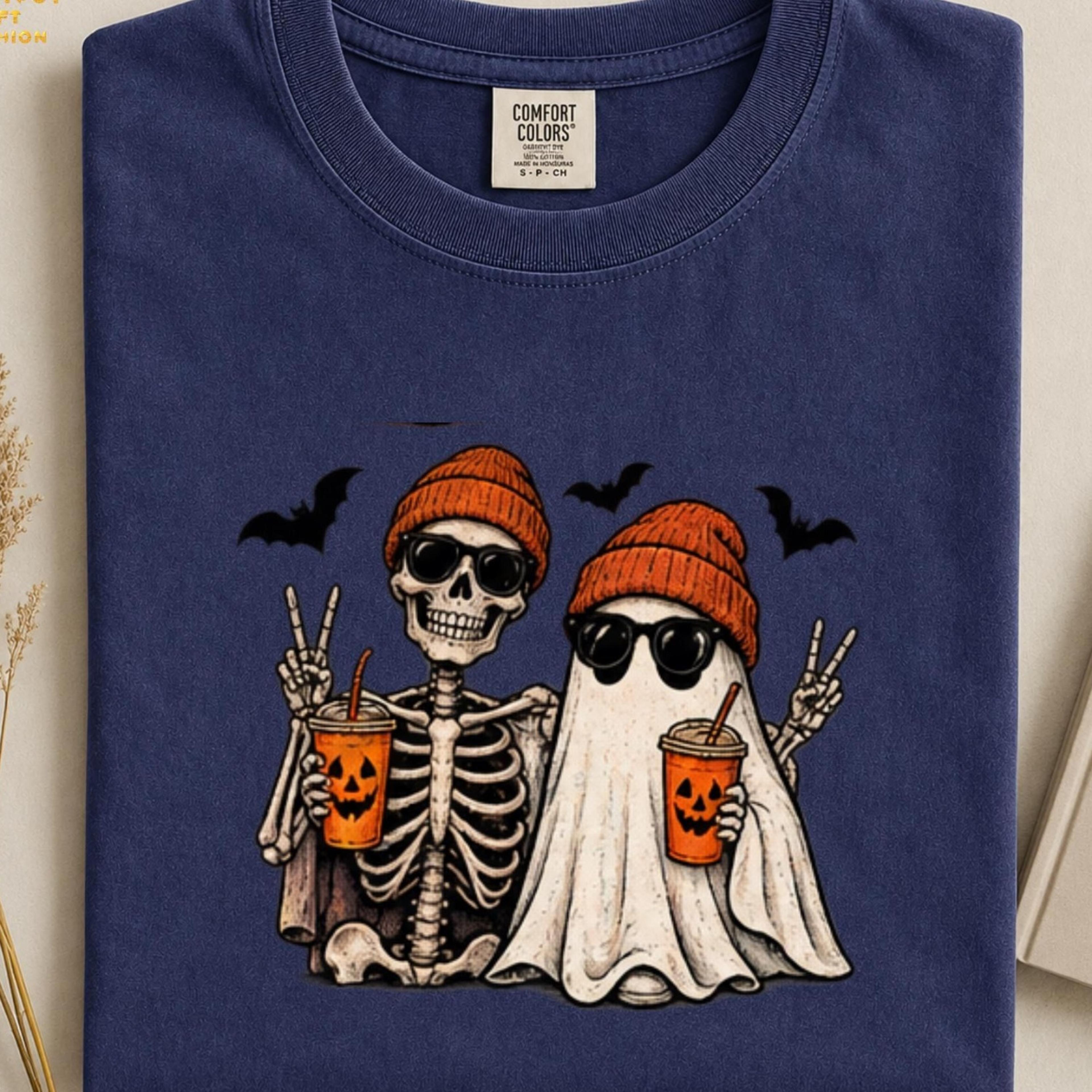 skeleton ghost halloween shirt, funny spooky friends tee, retro ghost skeleton shirt