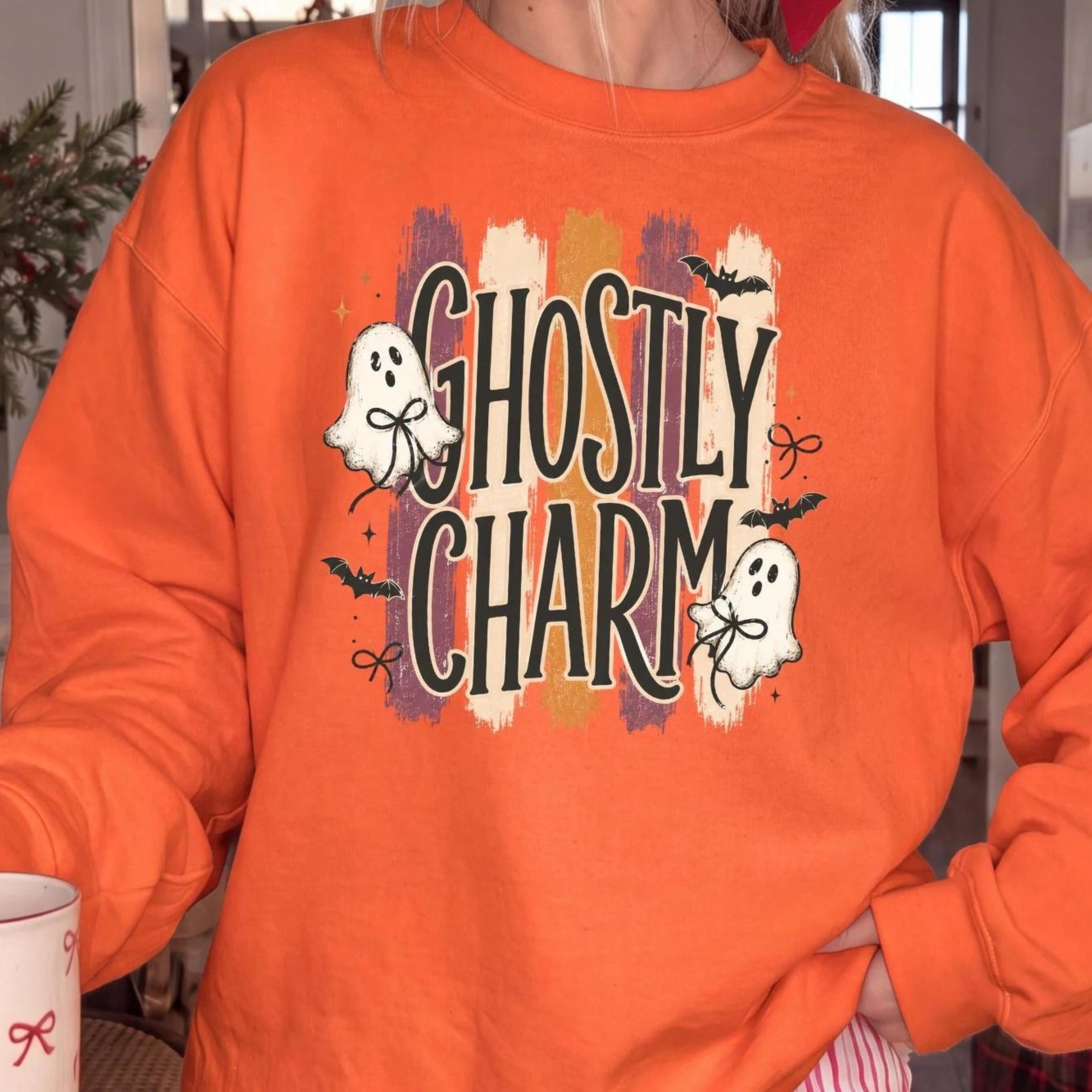 ghostly charm sweatshirt, cute ghost halloween crewneck, retro spooky season sweater, coquette halloween shirt