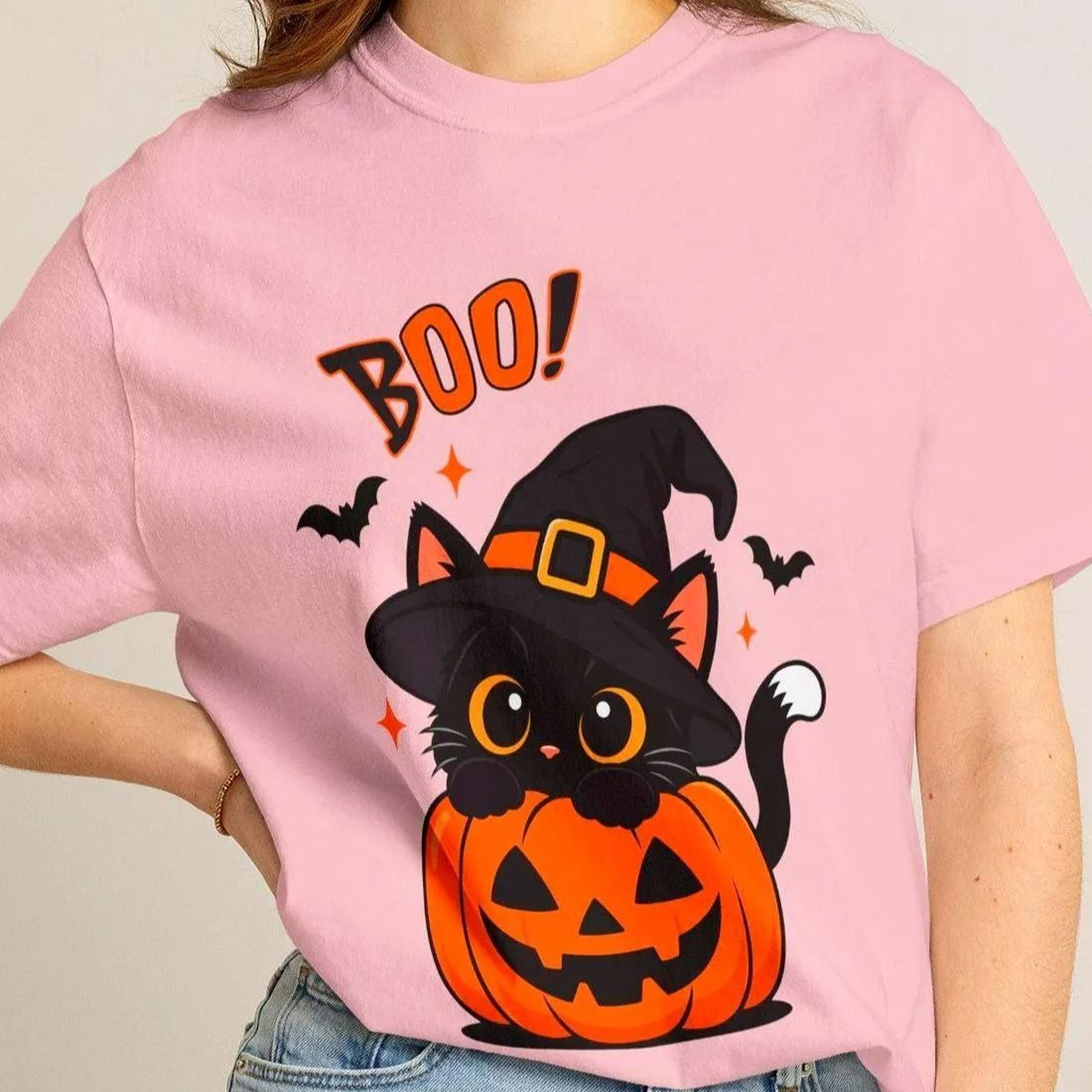 halloween black cat pumpkin shirt, witchy cat boo tee, spooky season apparel