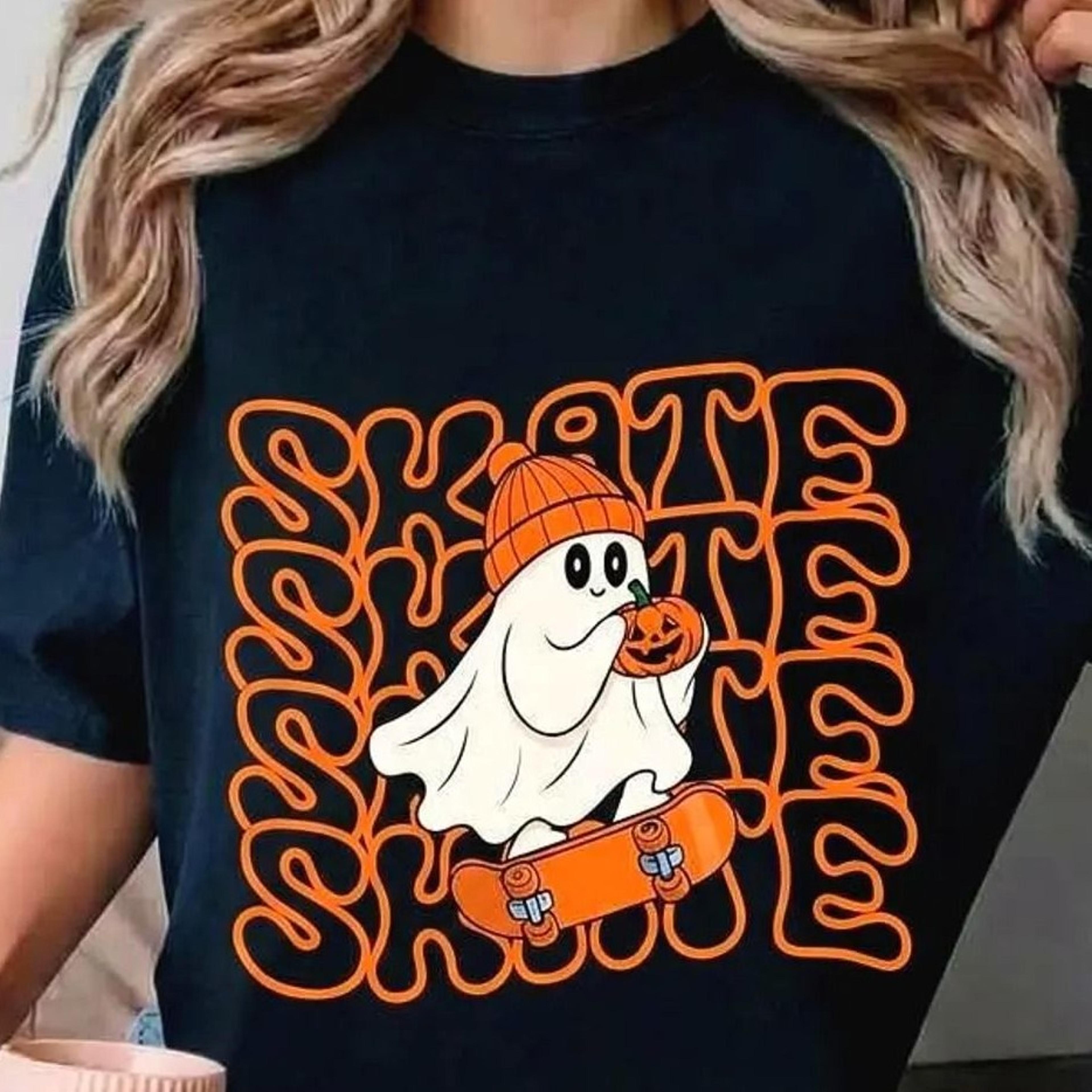 ghost skateboard halloween shirt, pumpkin graphic tee