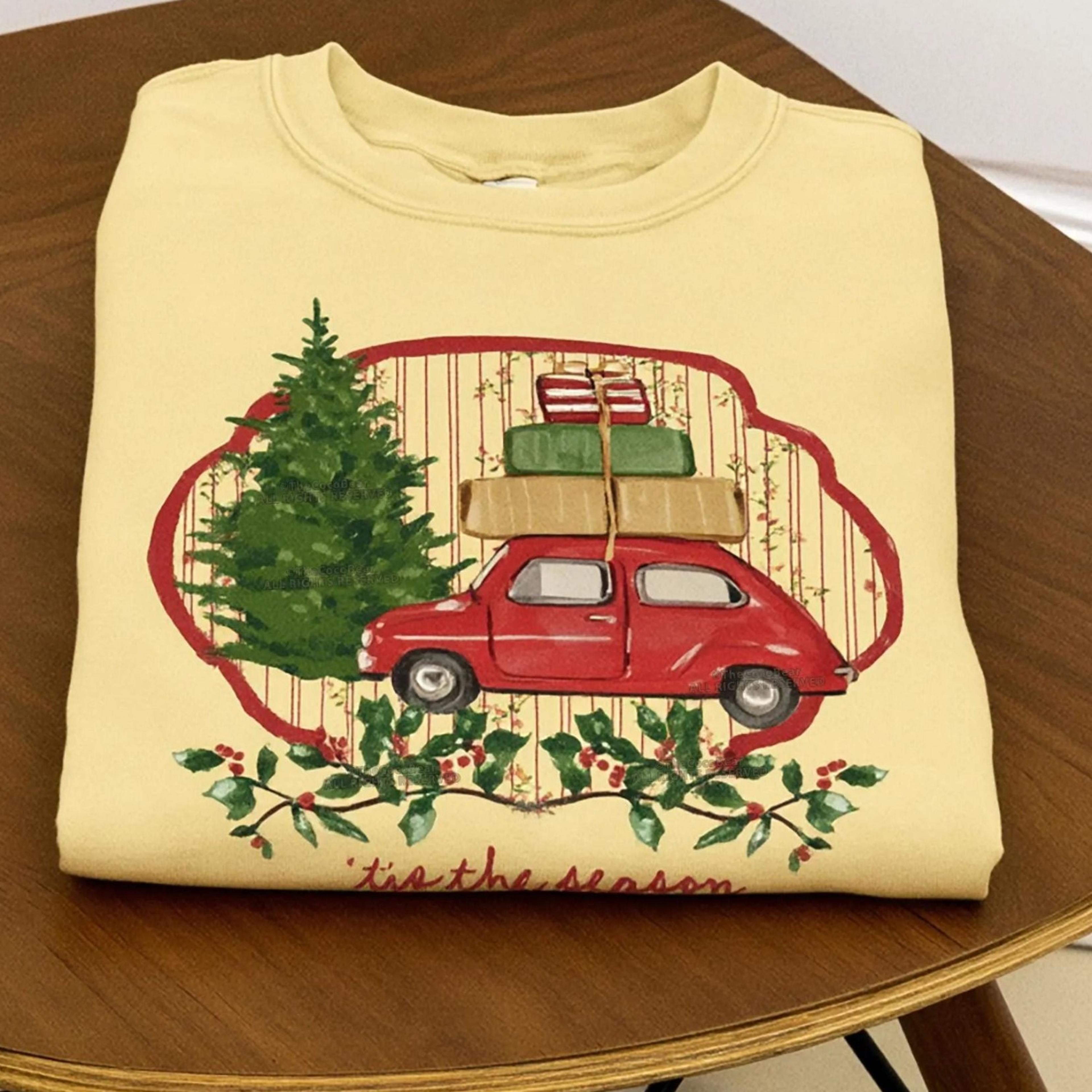 retro christmas car long sleeve shirt, classic christmas t-shirt, vintage holiday shirt