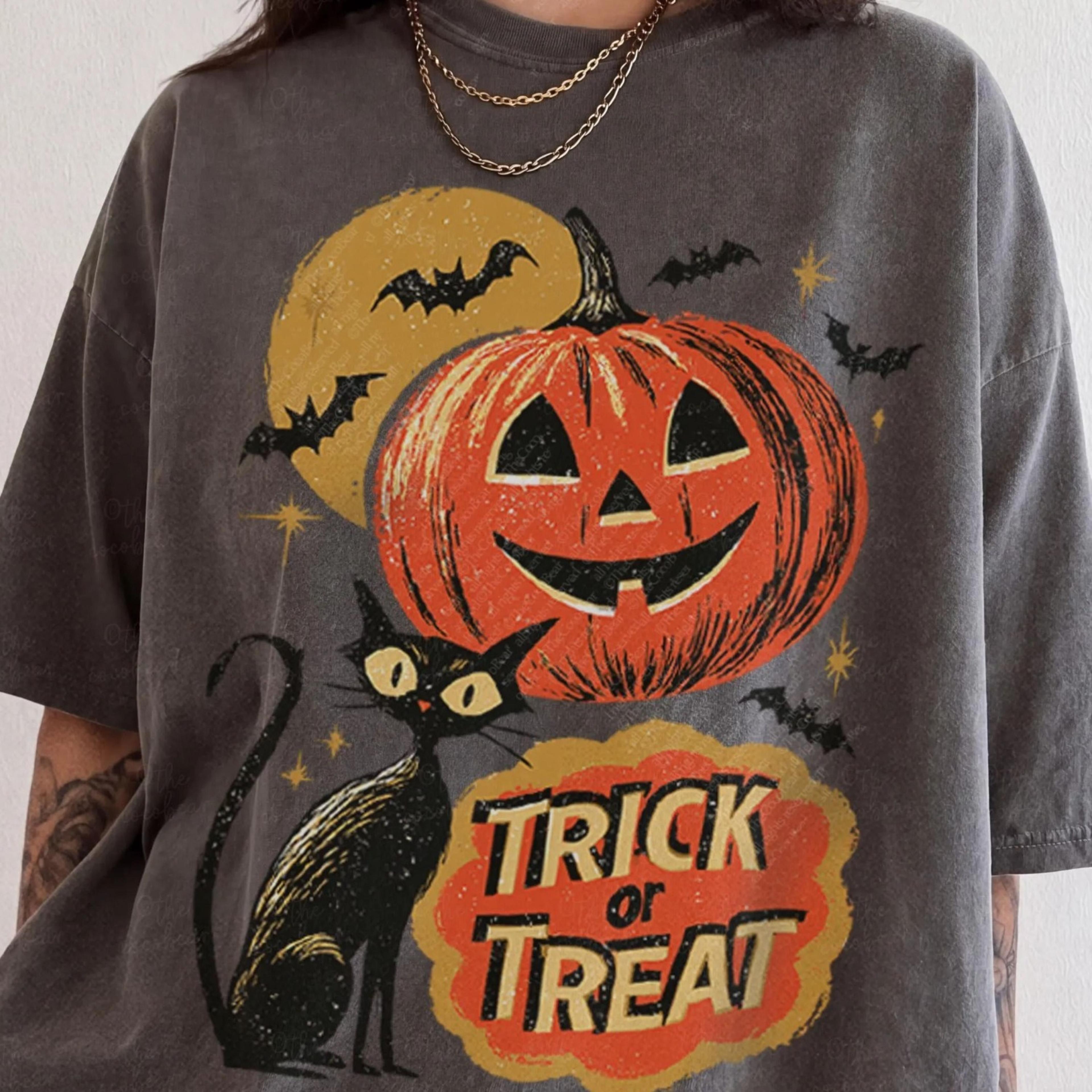 vintage halloween shirt, black cat pumpkin tee, retro trick or treat t-shirt, graphic tee, spooky season