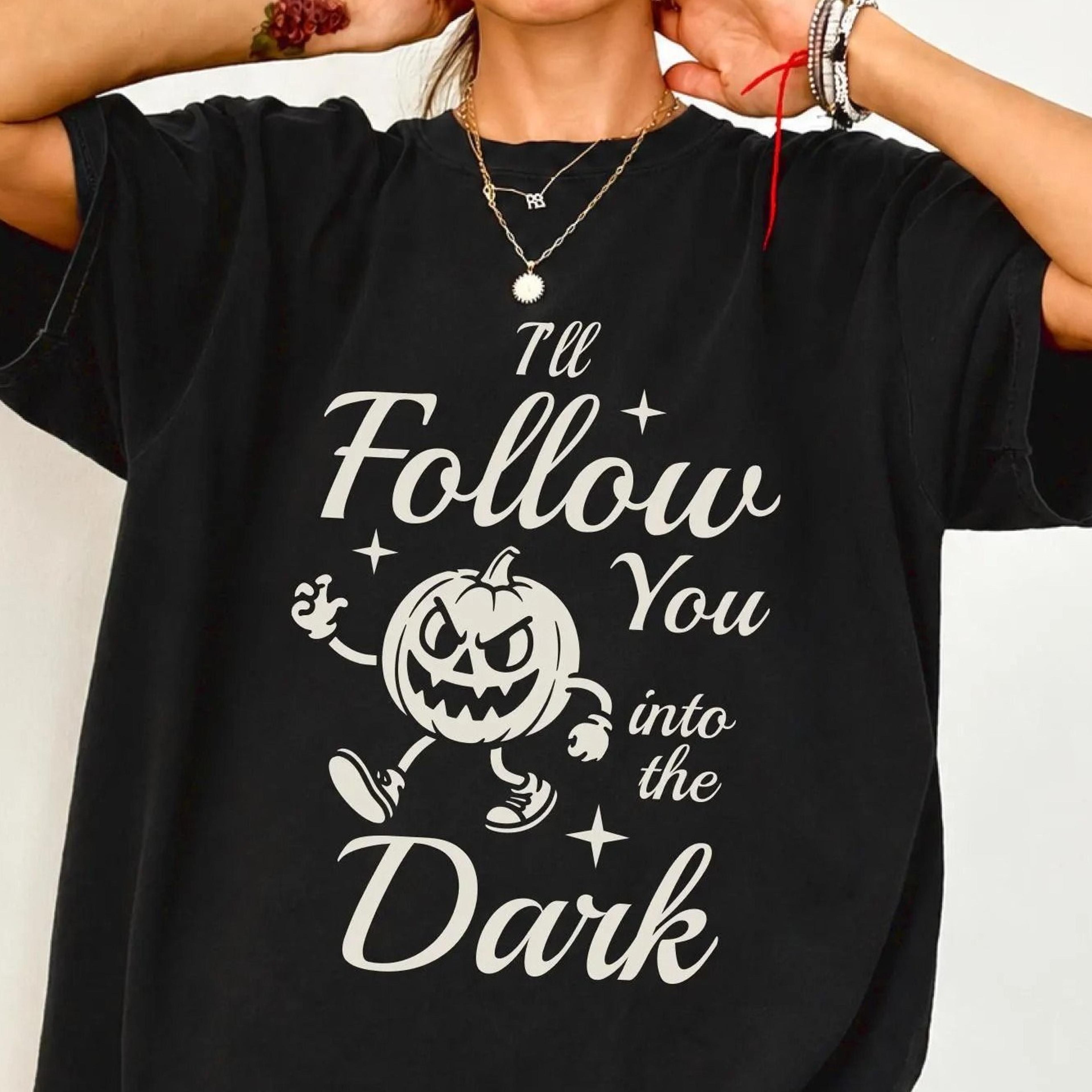 vintage halloween t-shirt, i'll follow you into the dark graphic shirt, skeleton pumpkin ghost halloween