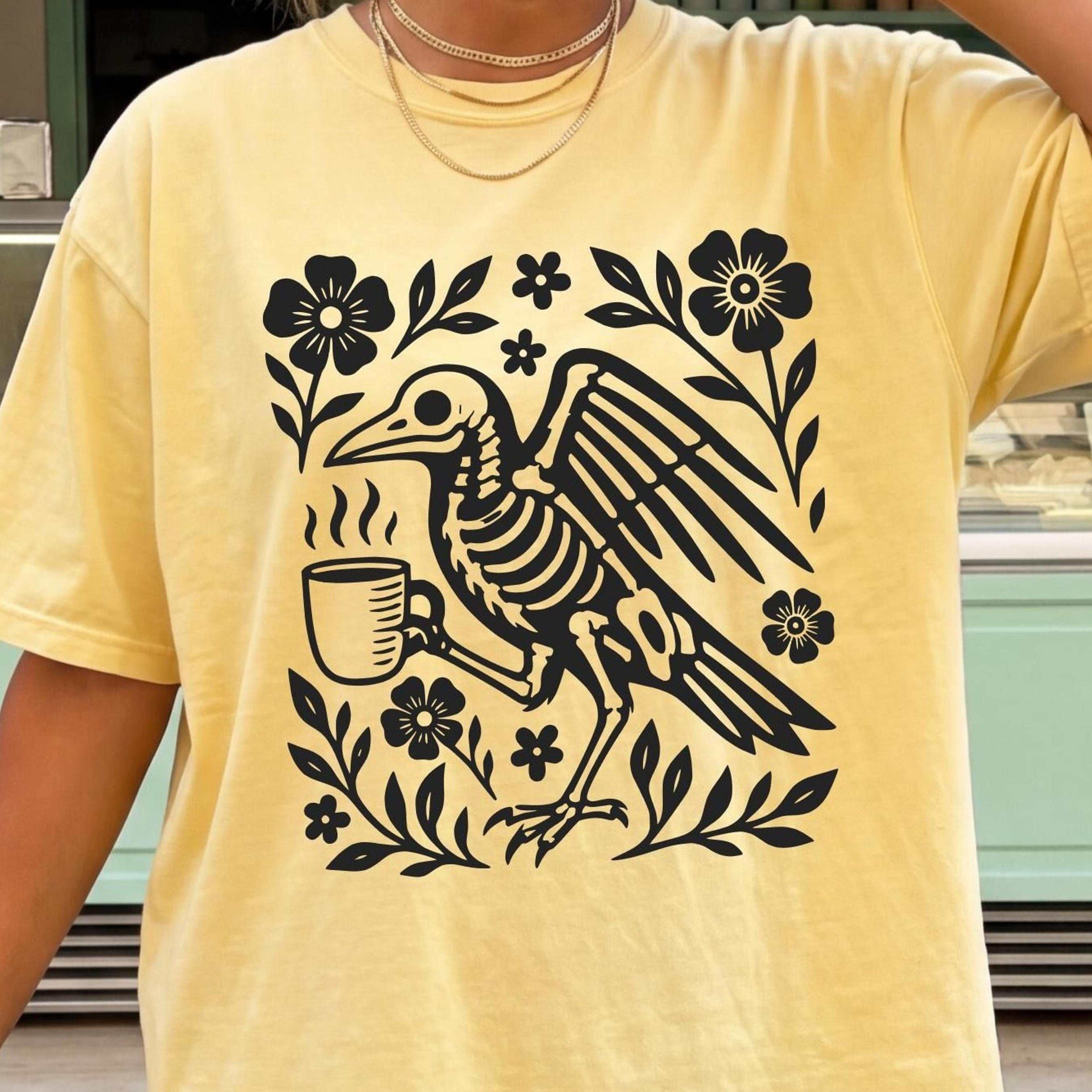 boho crow skeleton shirt, crow and coffee halloween sweatshirt, raven and coffee cup funny spooky shirt,