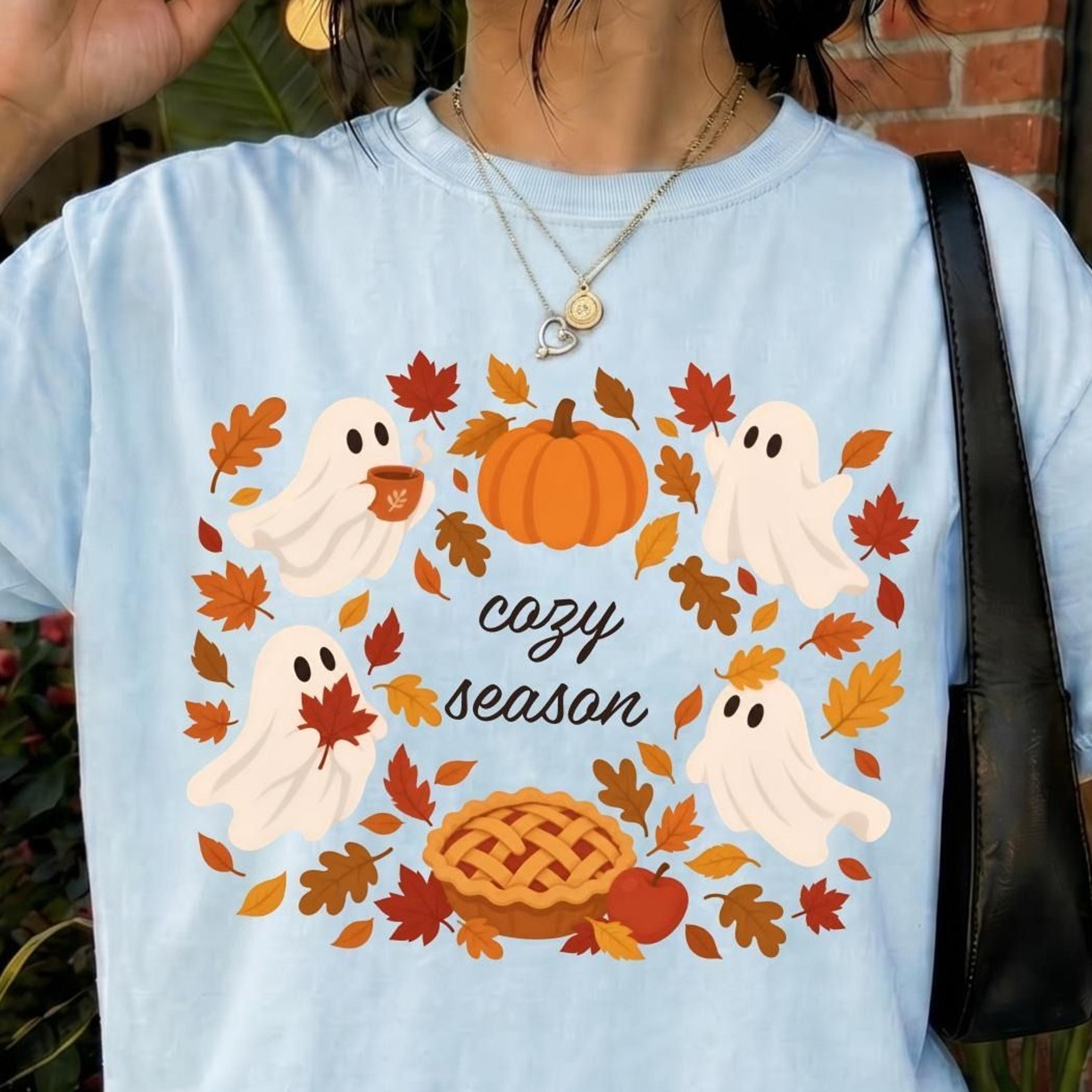 cozy season fall shirt, cute pumpkin and ghost tee, thanksgiving graphic t-shirt, apple pie autumn shirt, cozy