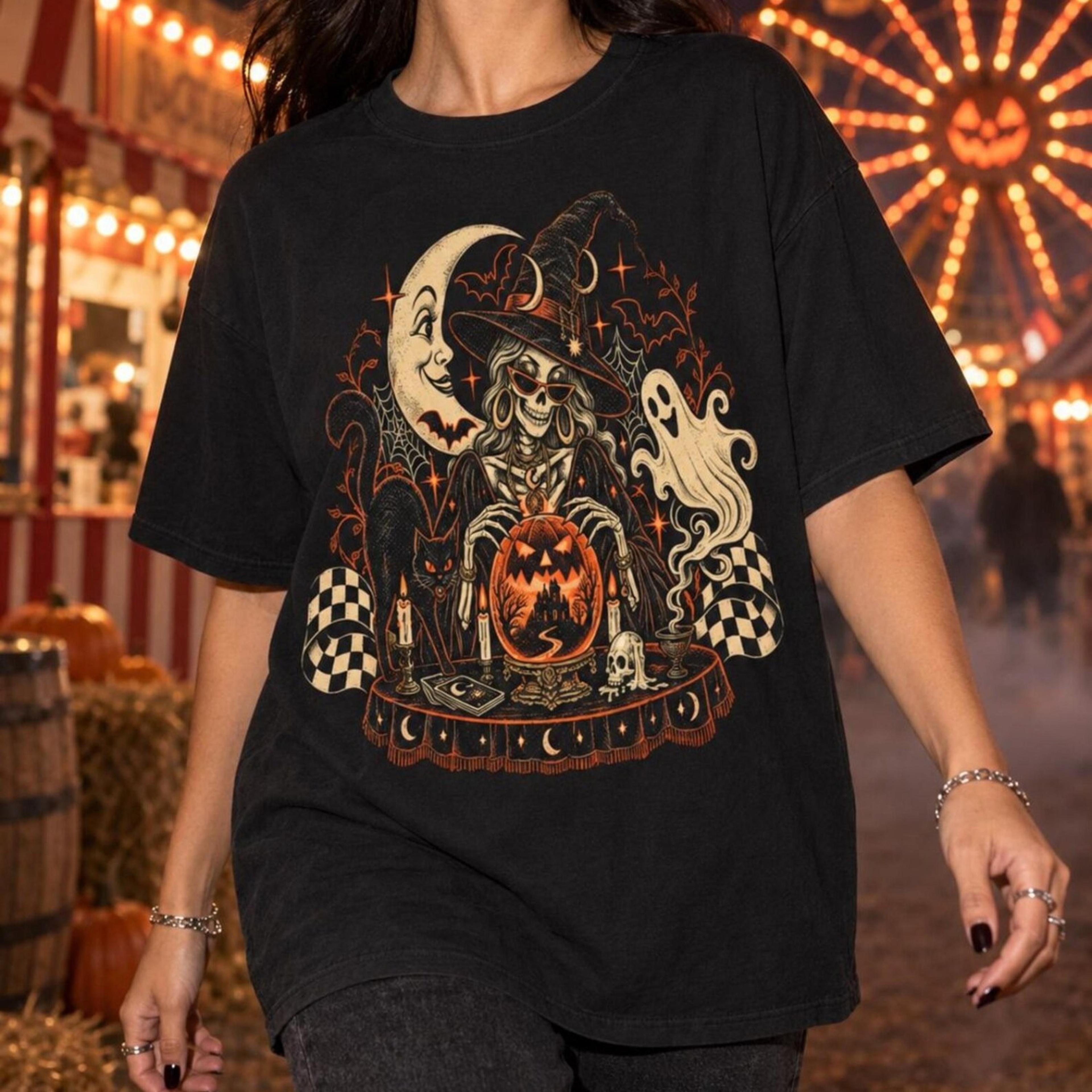 halloween shirt, retro witch skeleton tee, crystal ball ghost shirt, black cat spooky season, vintage halloween
