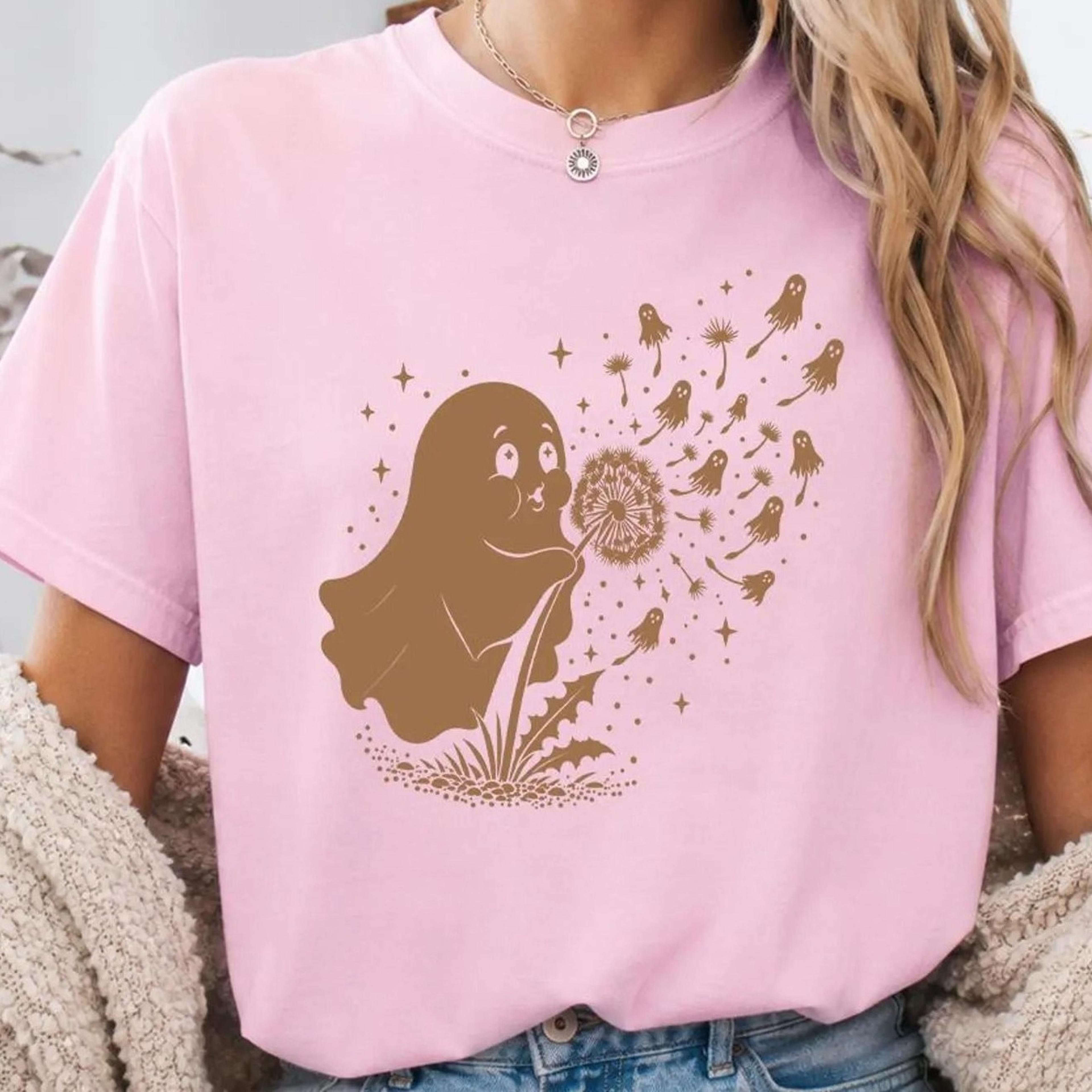 cute ghost blowing dandelion wish funny halloween spooky shirt, unisex funny cute ghost blowing dandelion shirt