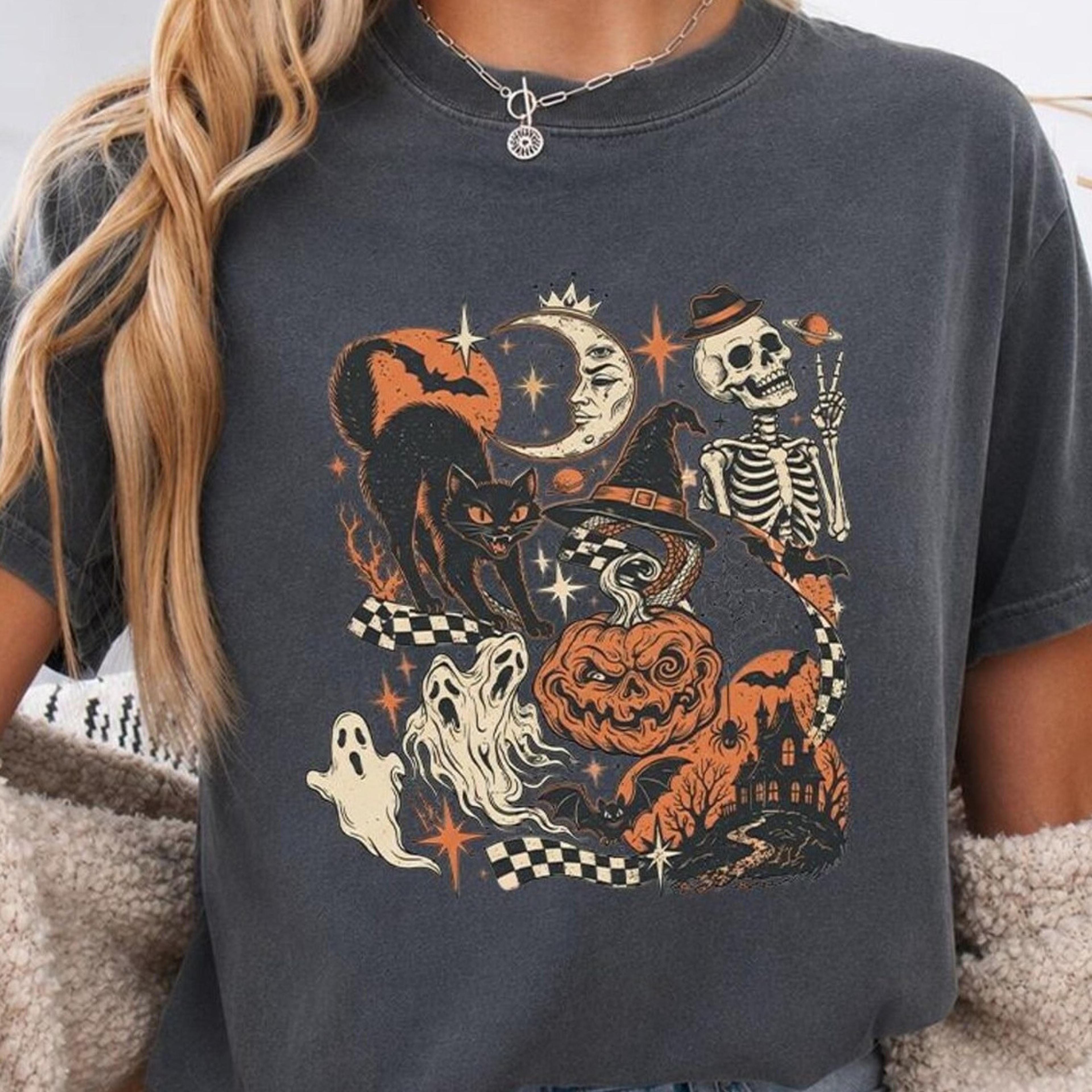 retro halloween shirt, vintage black cat ghost skeleton t shirt, spooky cute pumpkin witch graphic tee