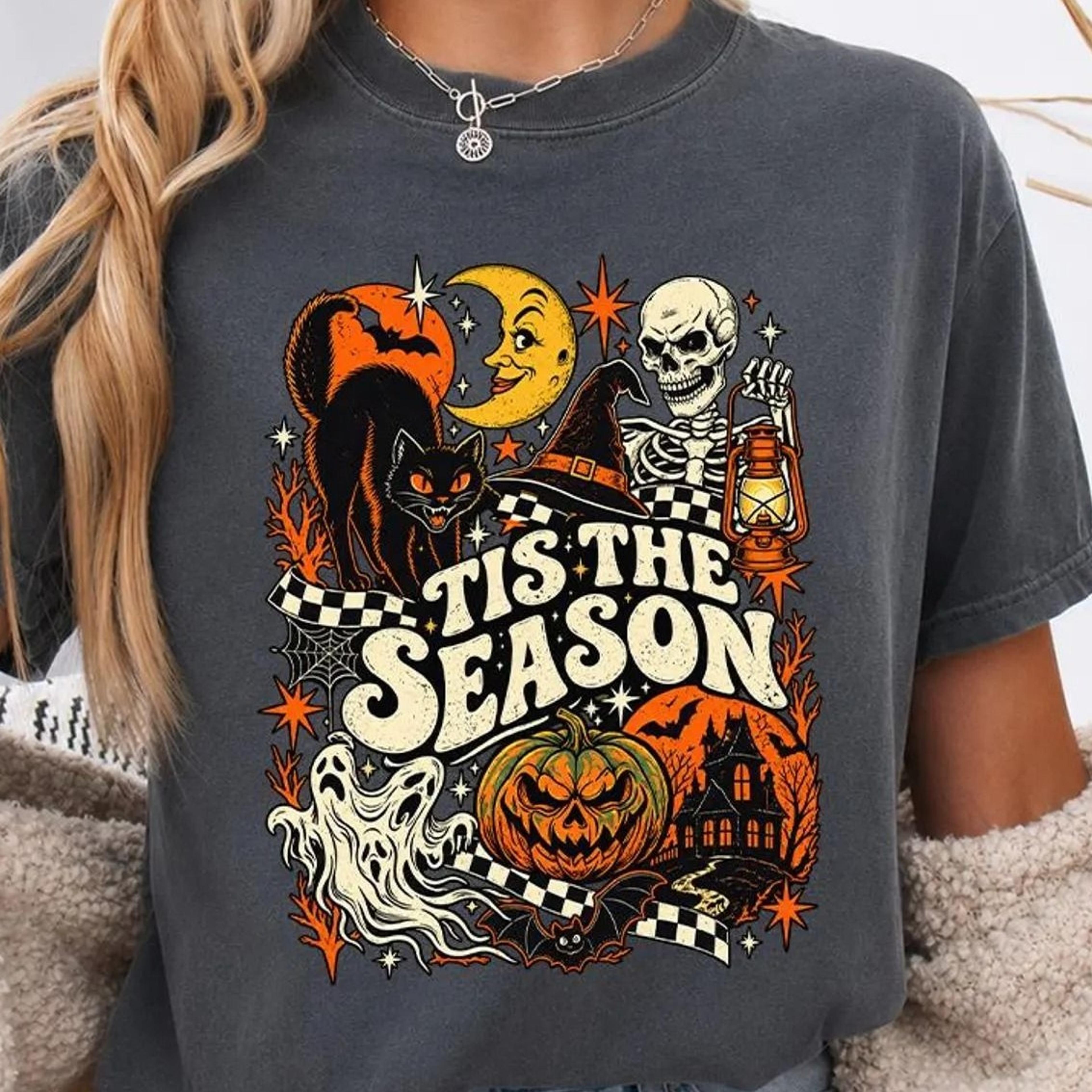 tis the season halloween shirt, retro skeleton black cat ghost tee, y2k halloween graphic tee,