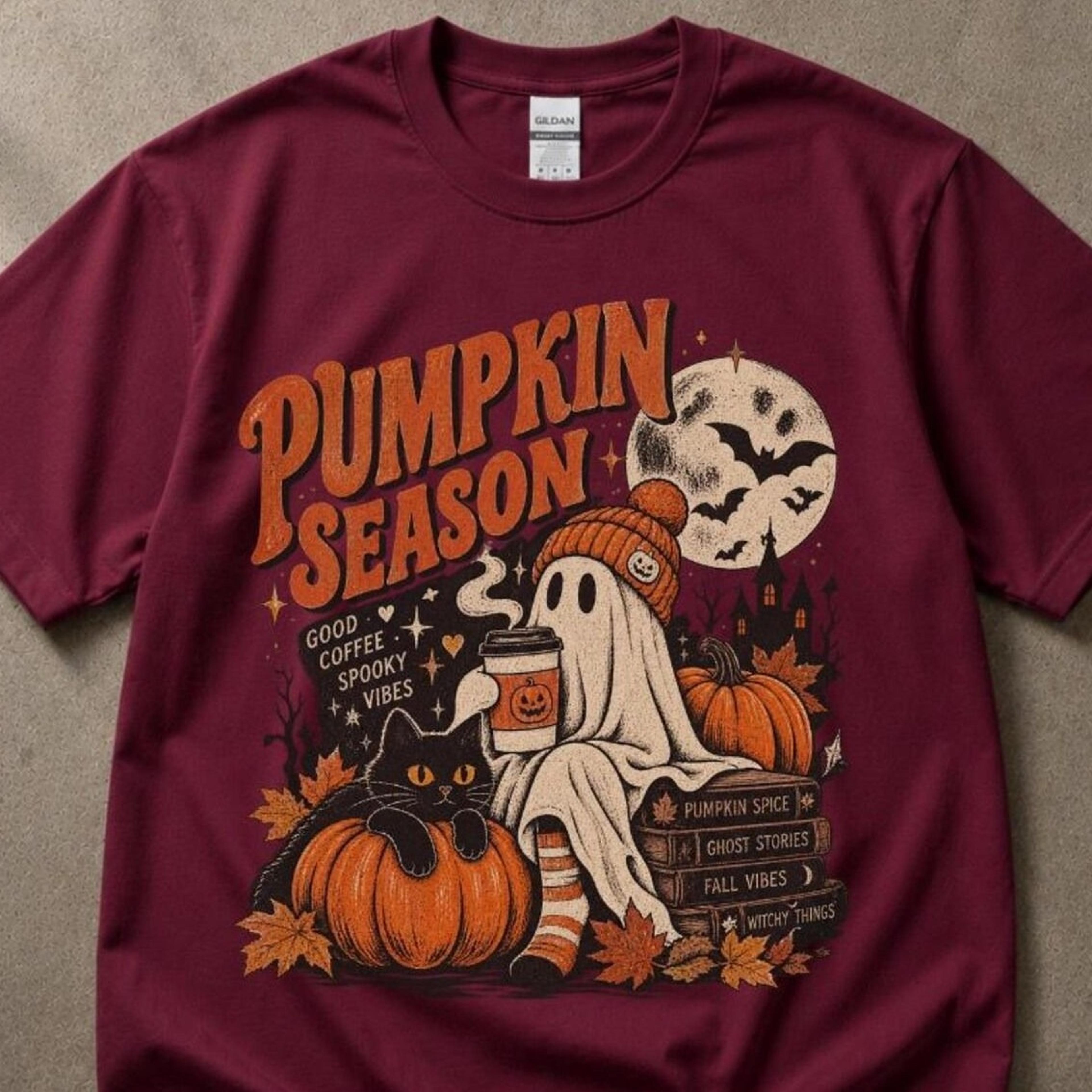 pumpkin season shirt, spooky ghost t-shirt, black cat halloween tee, vintage fall graphic shirt, pumpkin spice coffee