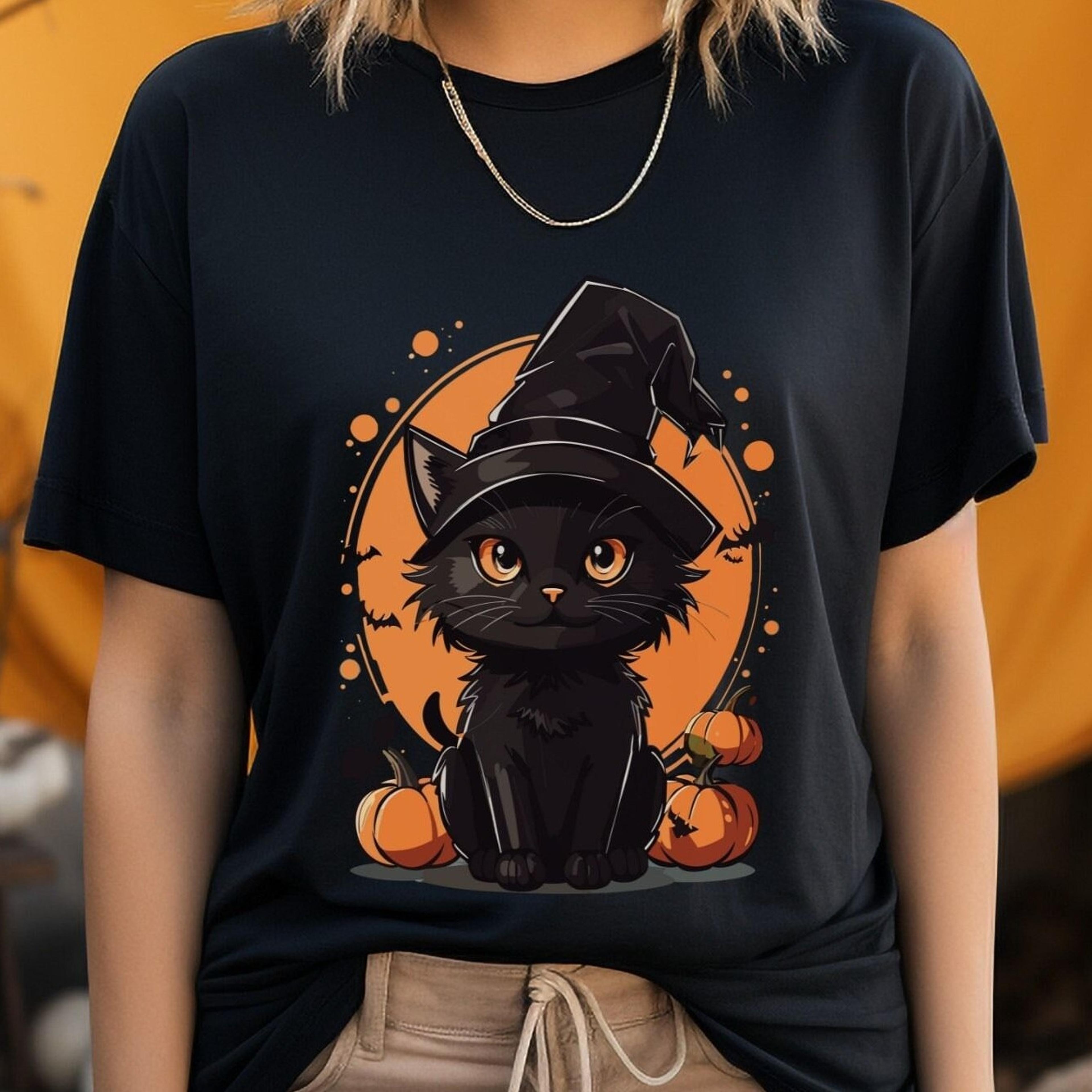 halloween sweatshirt, black cat and pumpkins, halloween sweater, cool halloween cat t-shirt, black cat shirt