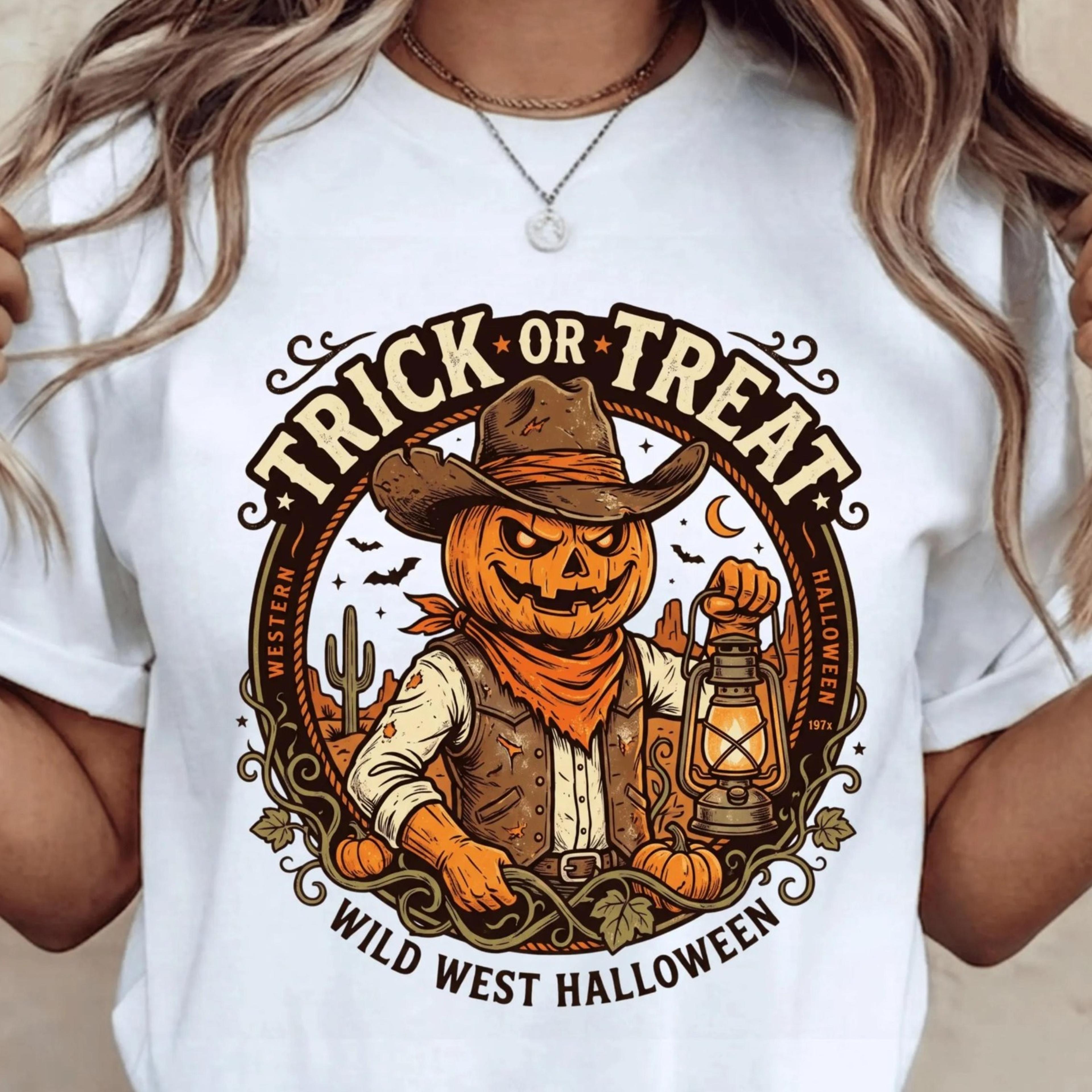 wild west halloween shirt, trick or treat cowboy tee, pumpkin cowboy t-shirt, western halloween gift, unisex