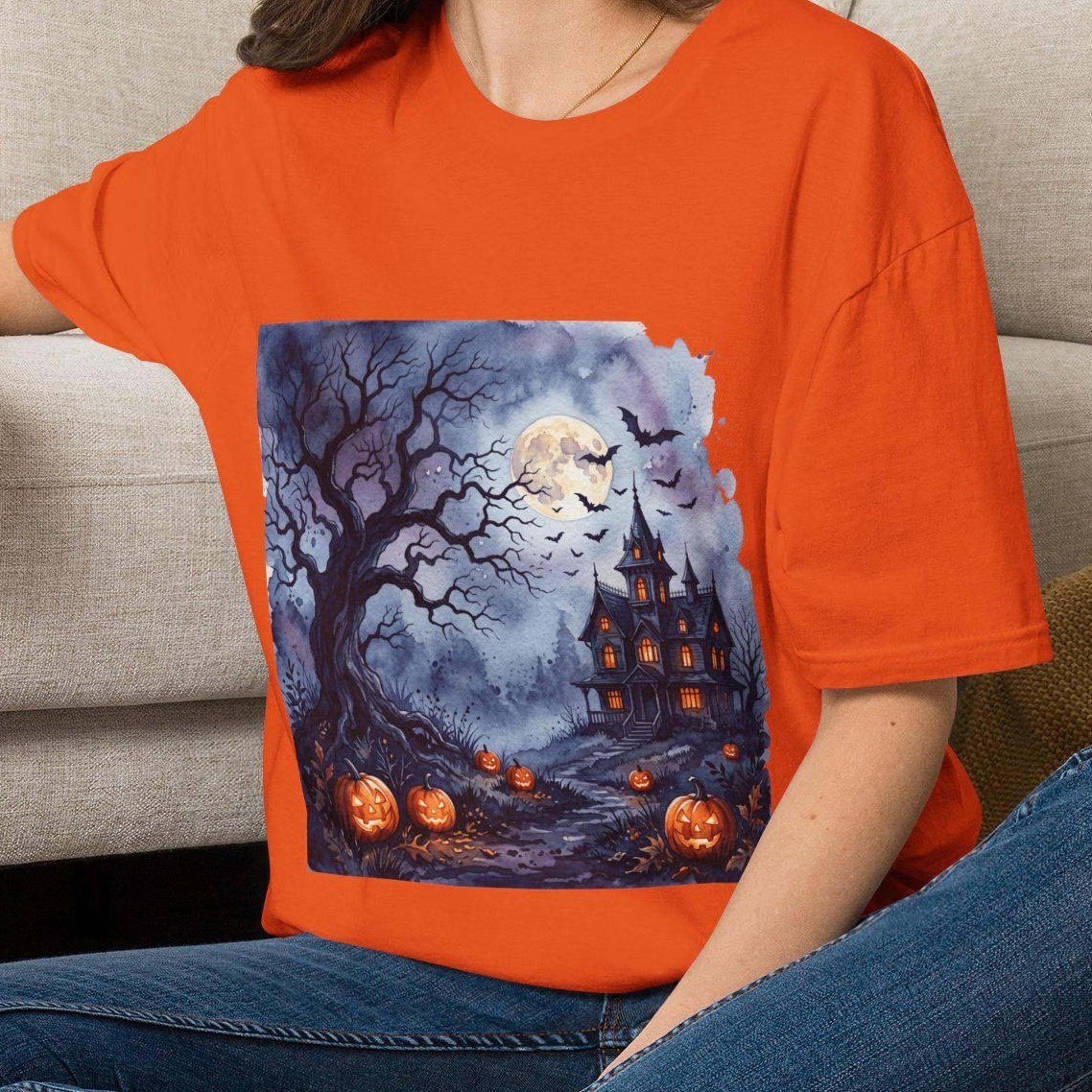 halloween haunted house shirt watercolor pumpkin moon bats graphic tee unisex