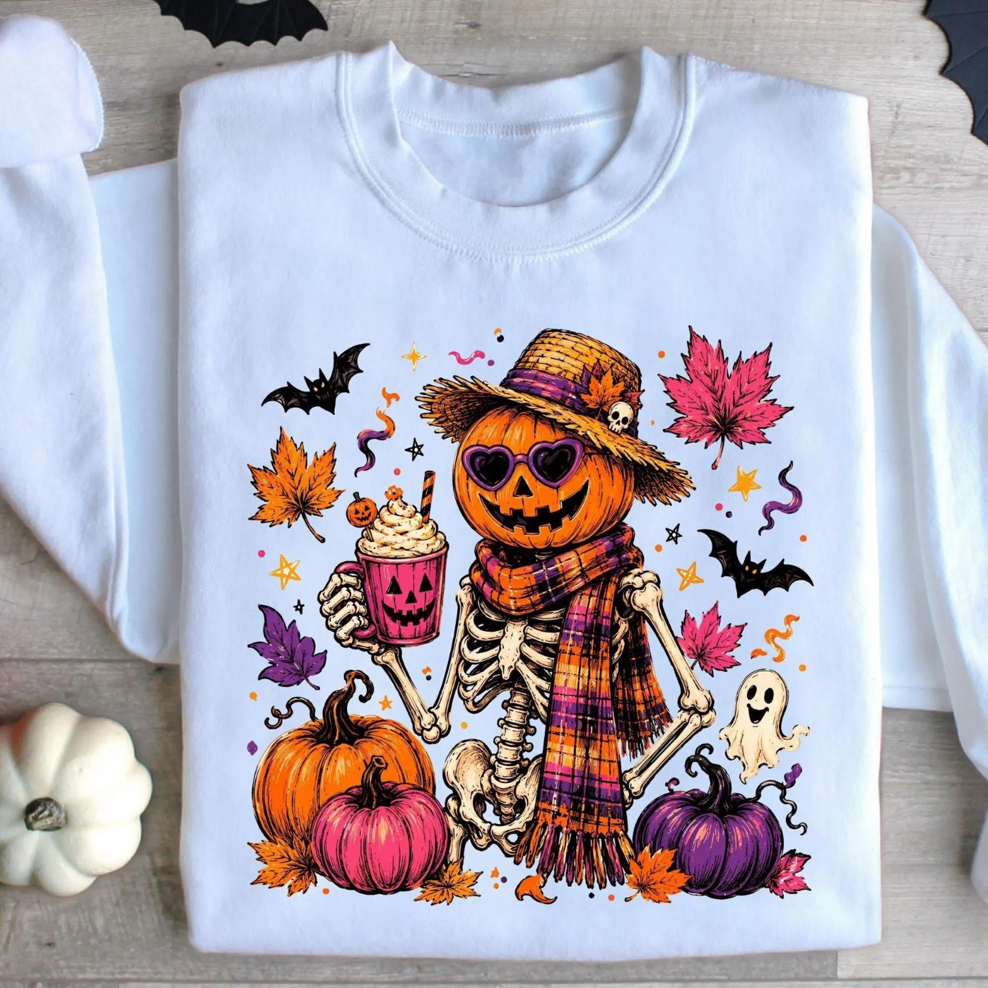 pumpkin skeleton halloween sweatshirt, fall skeleton tee, pumpkin head shirt