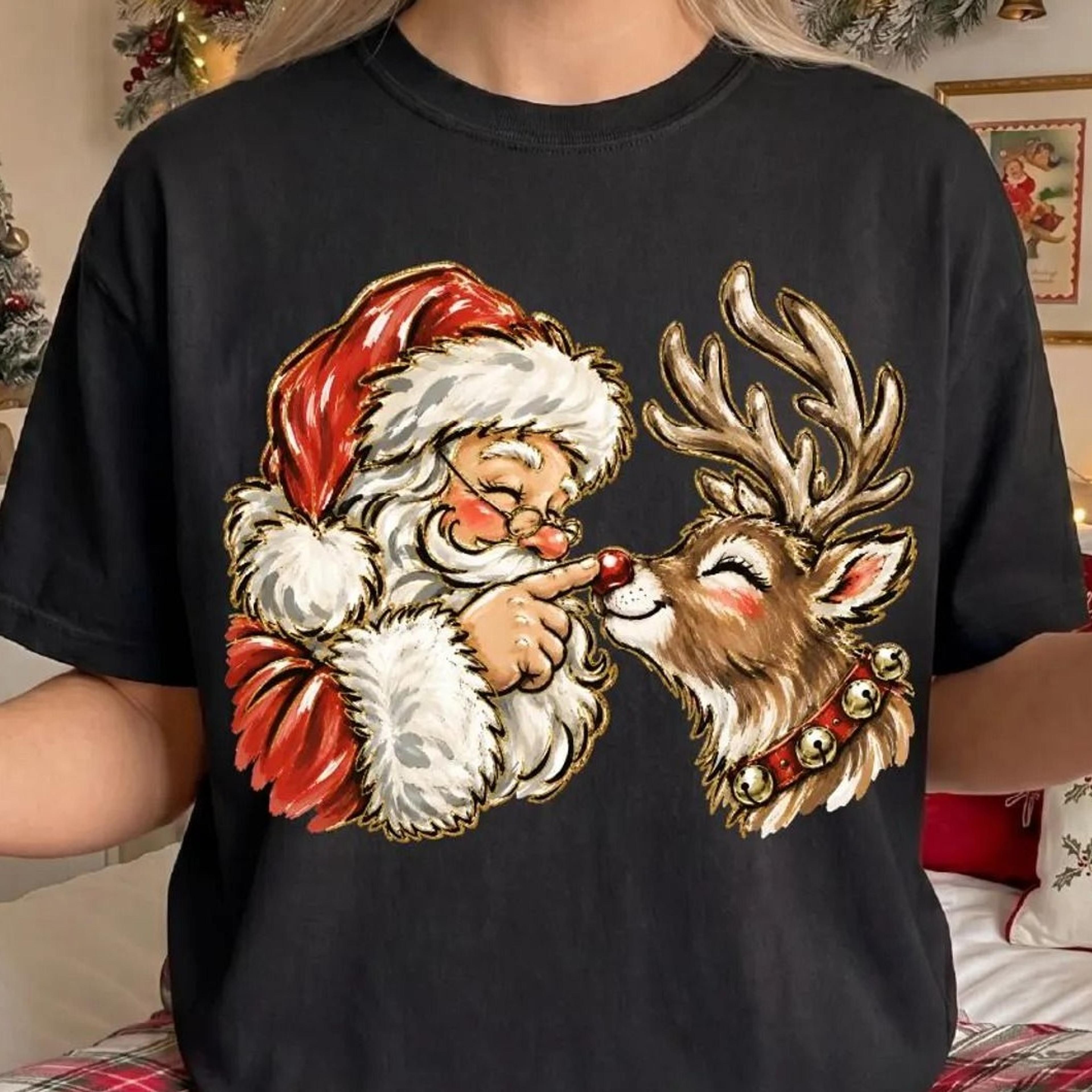 retro santa reindeer christmas shirt, cute christmas tee, santa claus holiday shirt