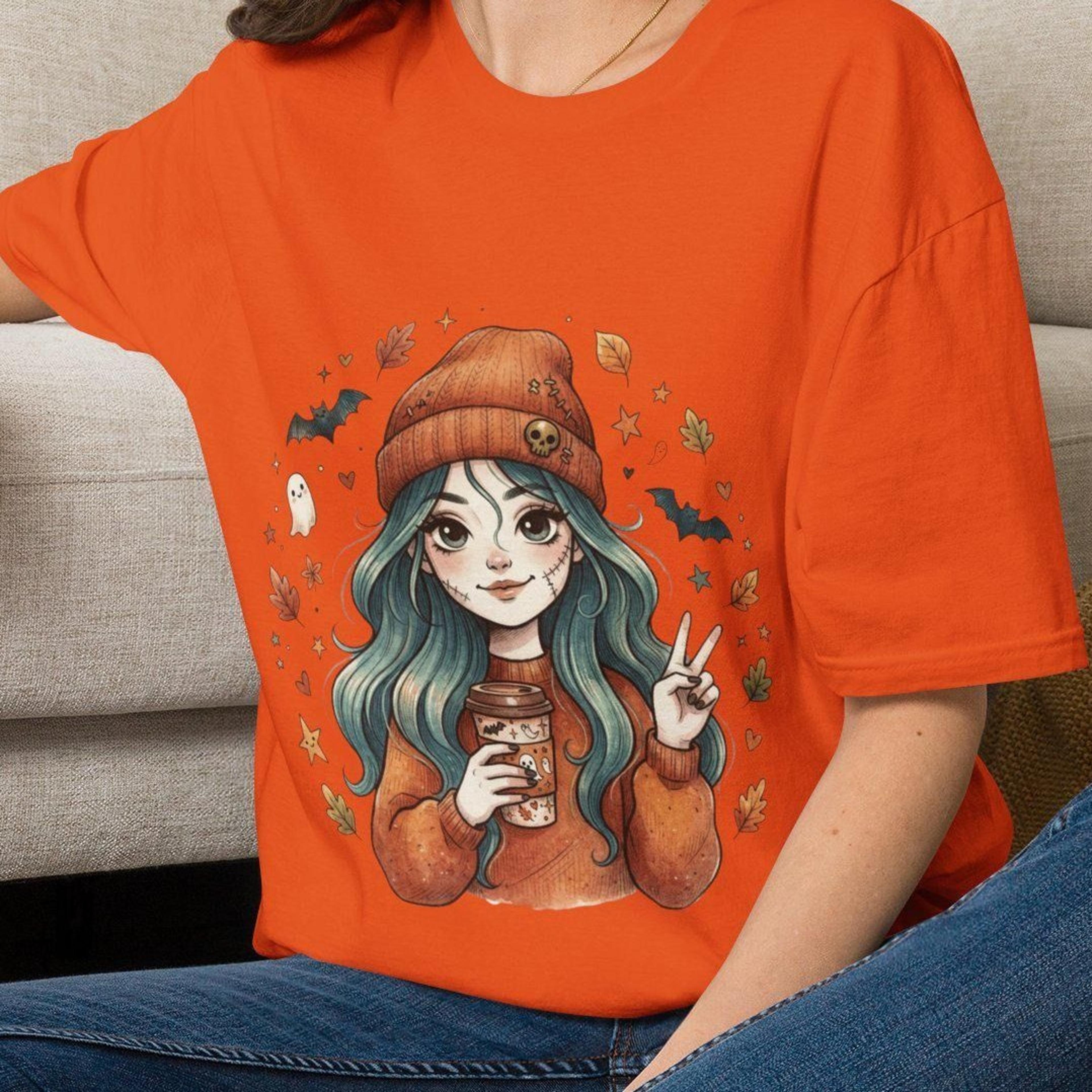 fall coffee girl shirt, halloween beanie girl tee, cute stitched face halloween shirt, autumn ghost bat tee, retro fall