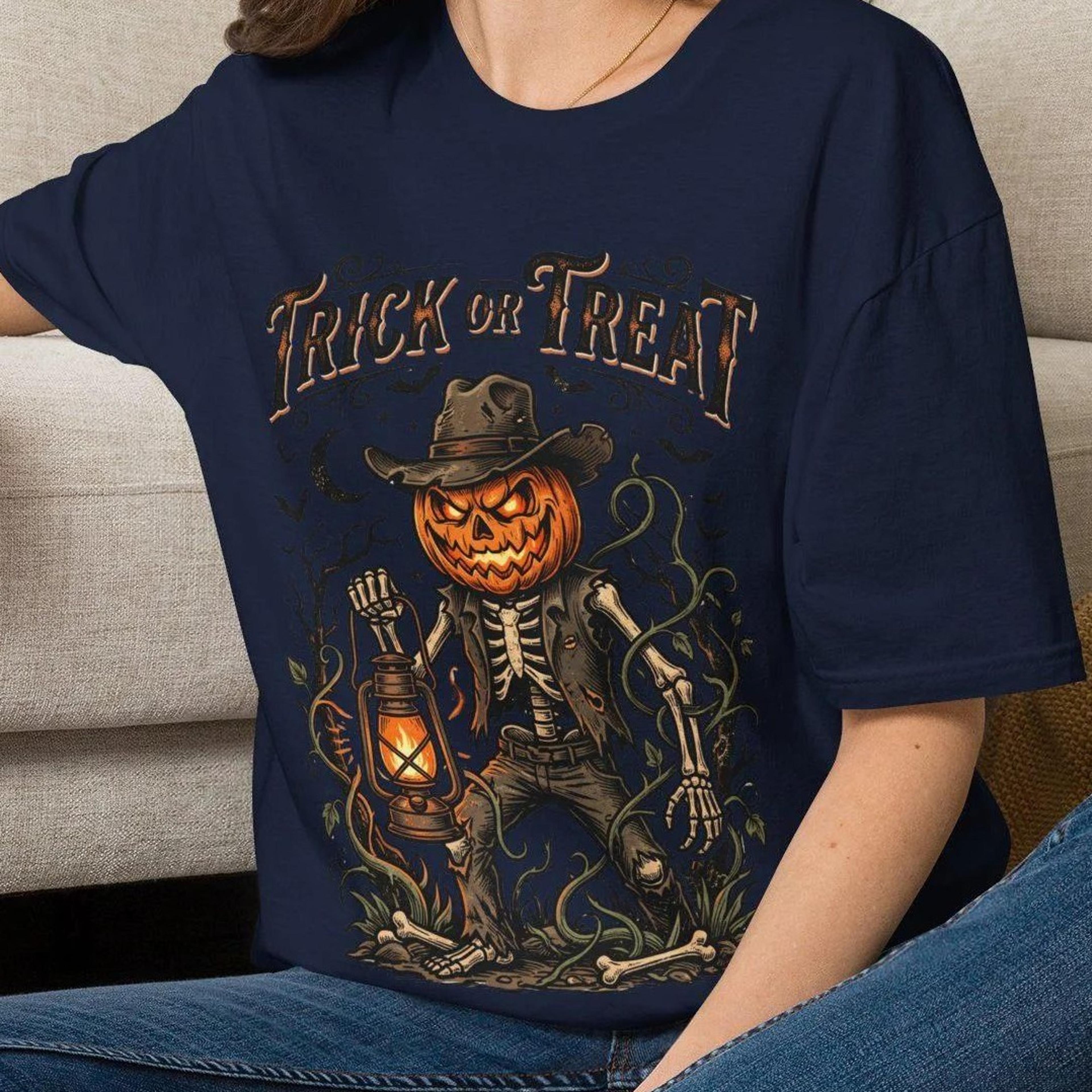 trick or treat halloween shirt, pumpkin head scarecrow skeleton tee, vintage halloween lantern graphic t-shirt, sizes