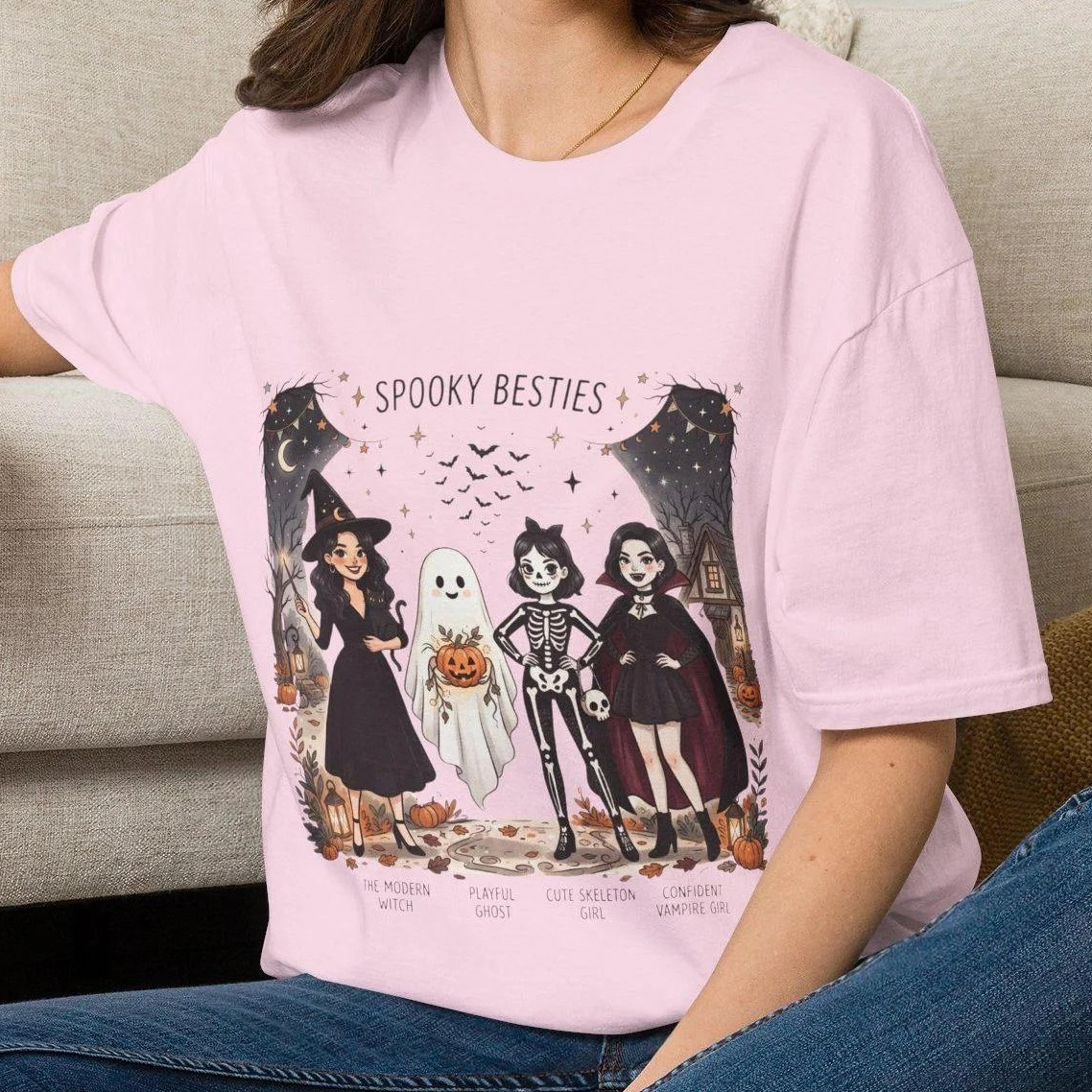 spooky besties shirt, halloween group shirt, witch ghost skeleton vampire tee, cute halloween squad t-shirt, halloween