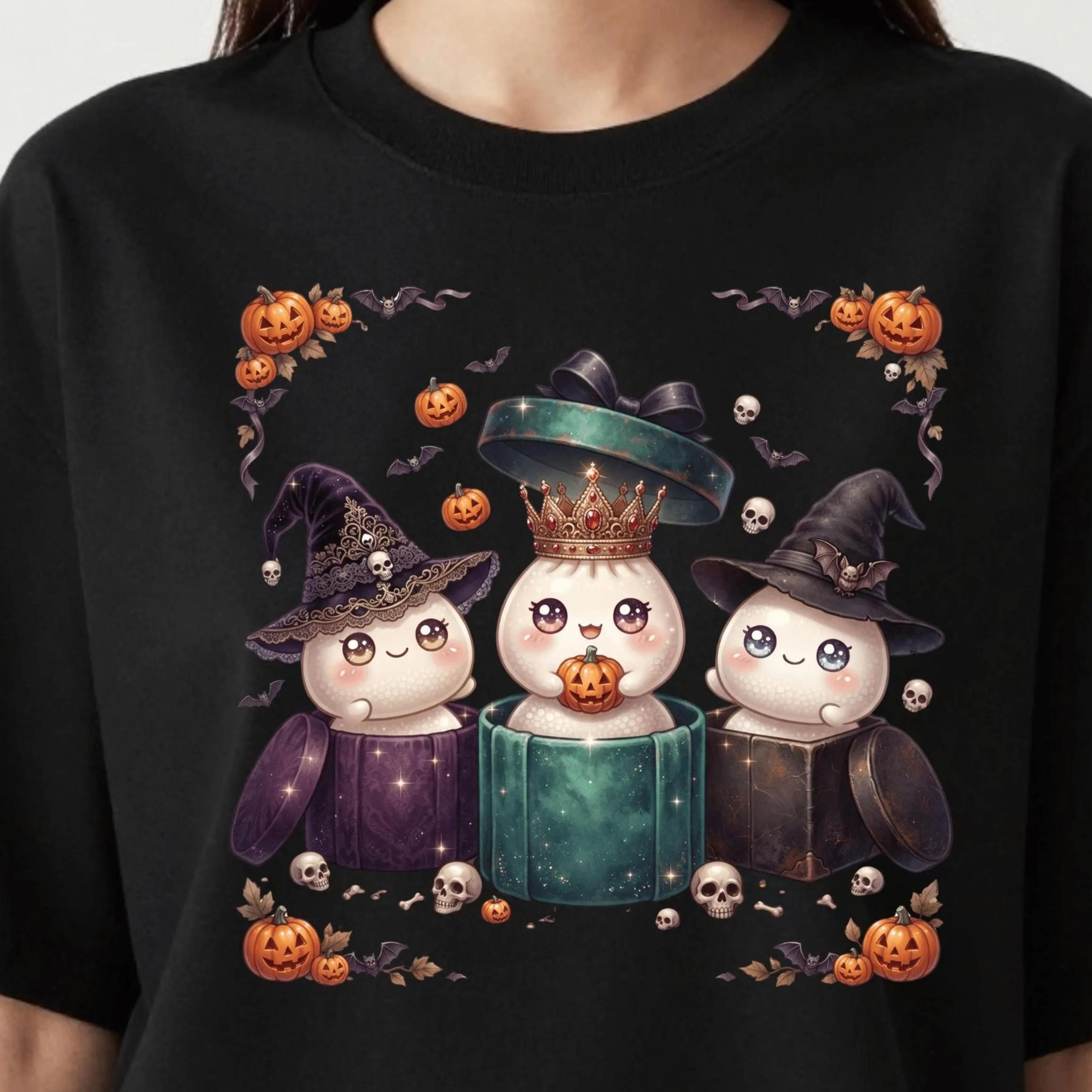 halloween witch crew shirt, cute kawaii ghost witch crown tee, spooky pumpkin skull halloween t-shirt, unisex