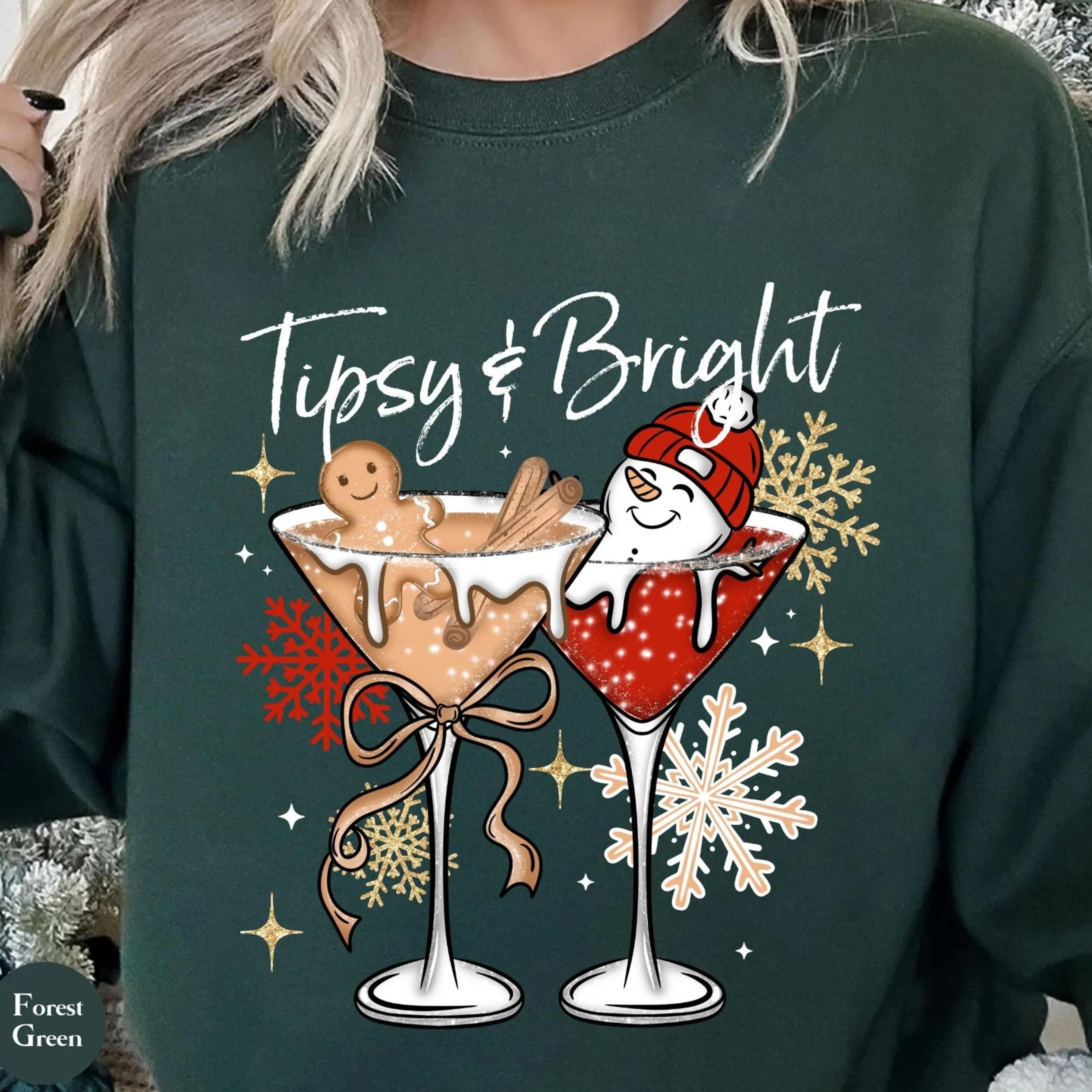 funny tipsy and bright christmas sweatshirt | retro snowman and gingerbread man martini glass sweatshirt | y2k christmas
