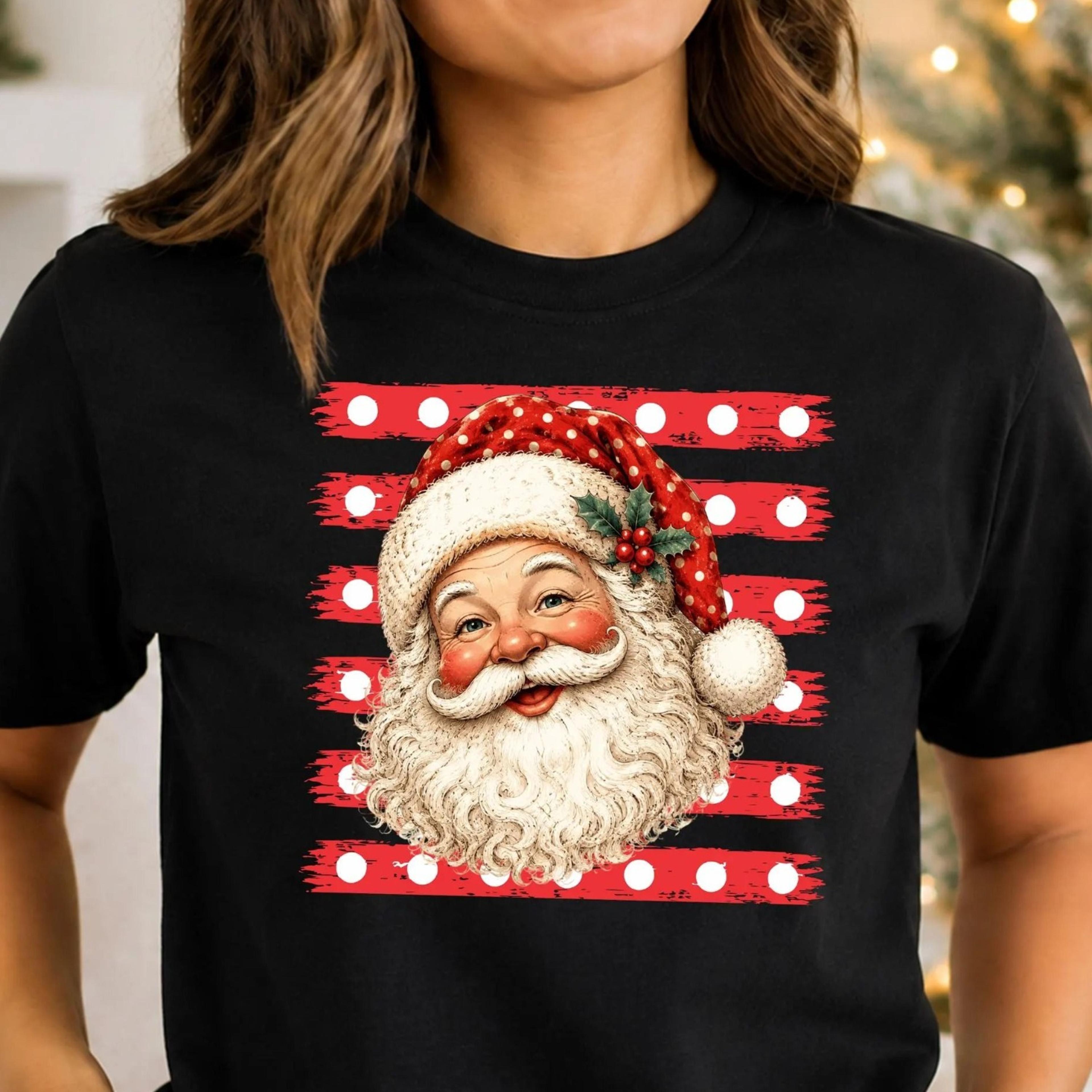 striped santa christmas t shirt, cute santa xmas holiday tee, festive xmas party tops, winter season gifts