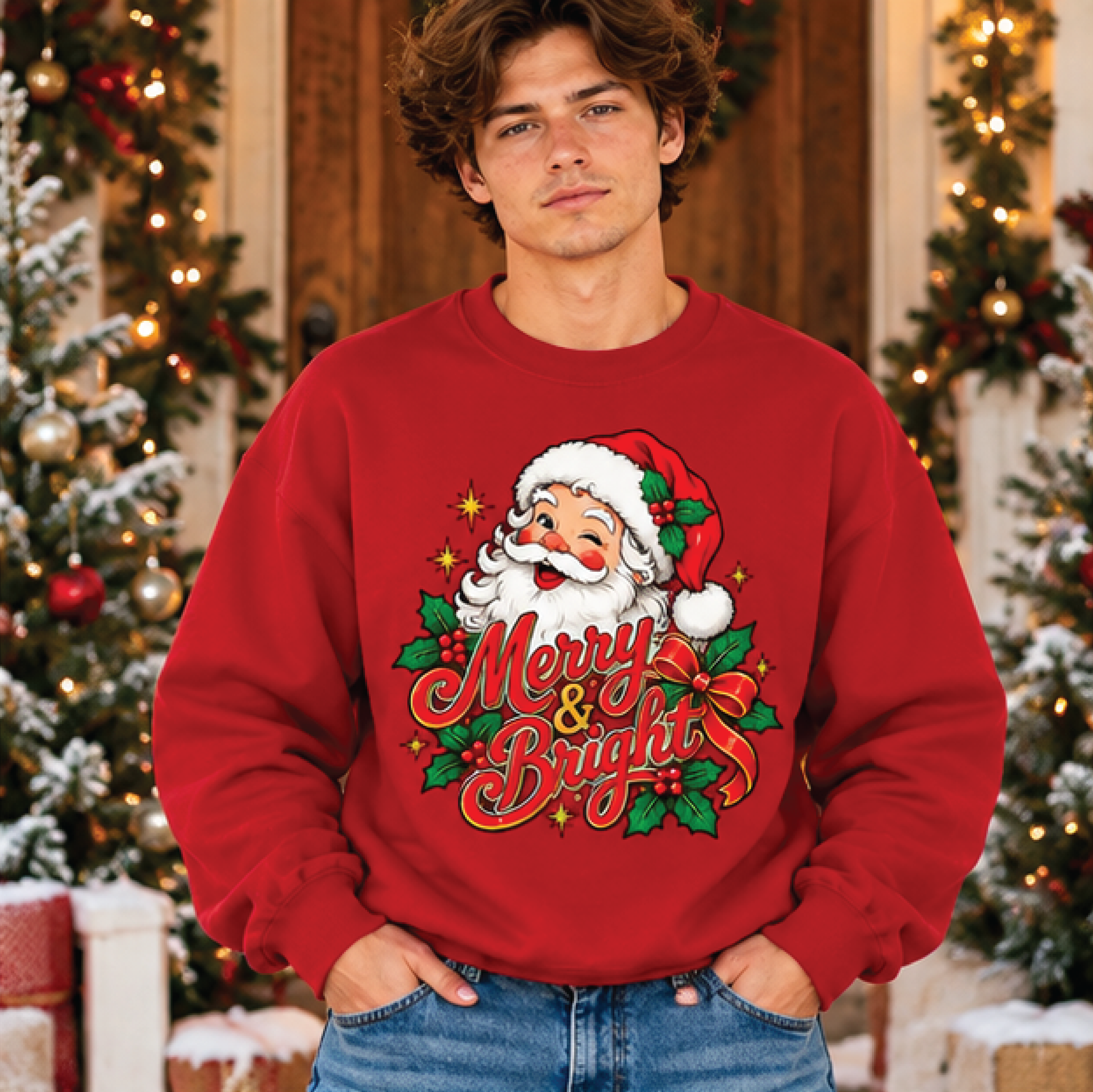 merry and bright christmas sweatshirt, retro santa holiday sweater, festive xmas crewneck, cute christmas gift for her