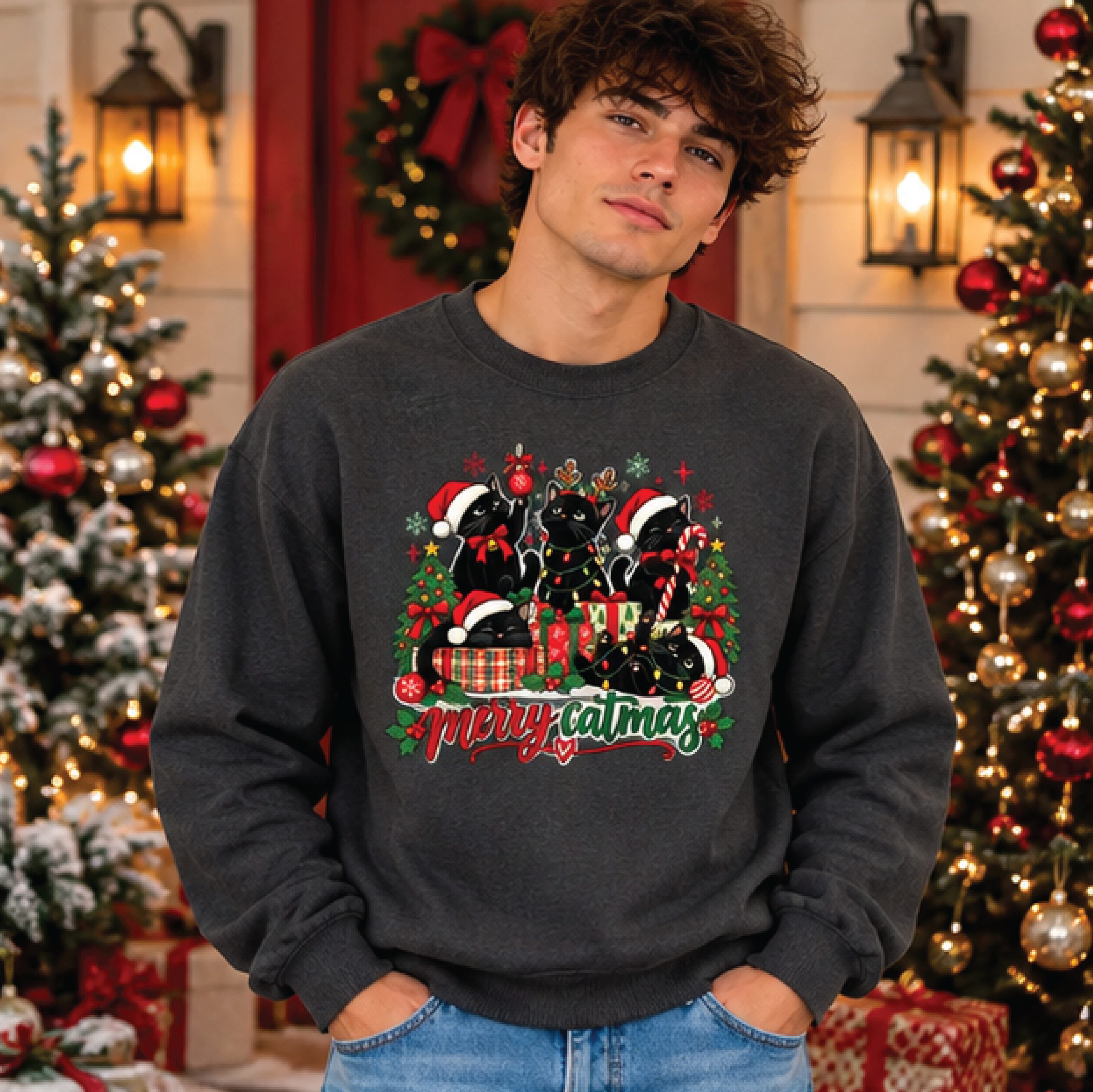 merry catmas christmas sweatshirt, funny black cat holiday sweater, cute cat lover xmas crewneck, festive christmas gift