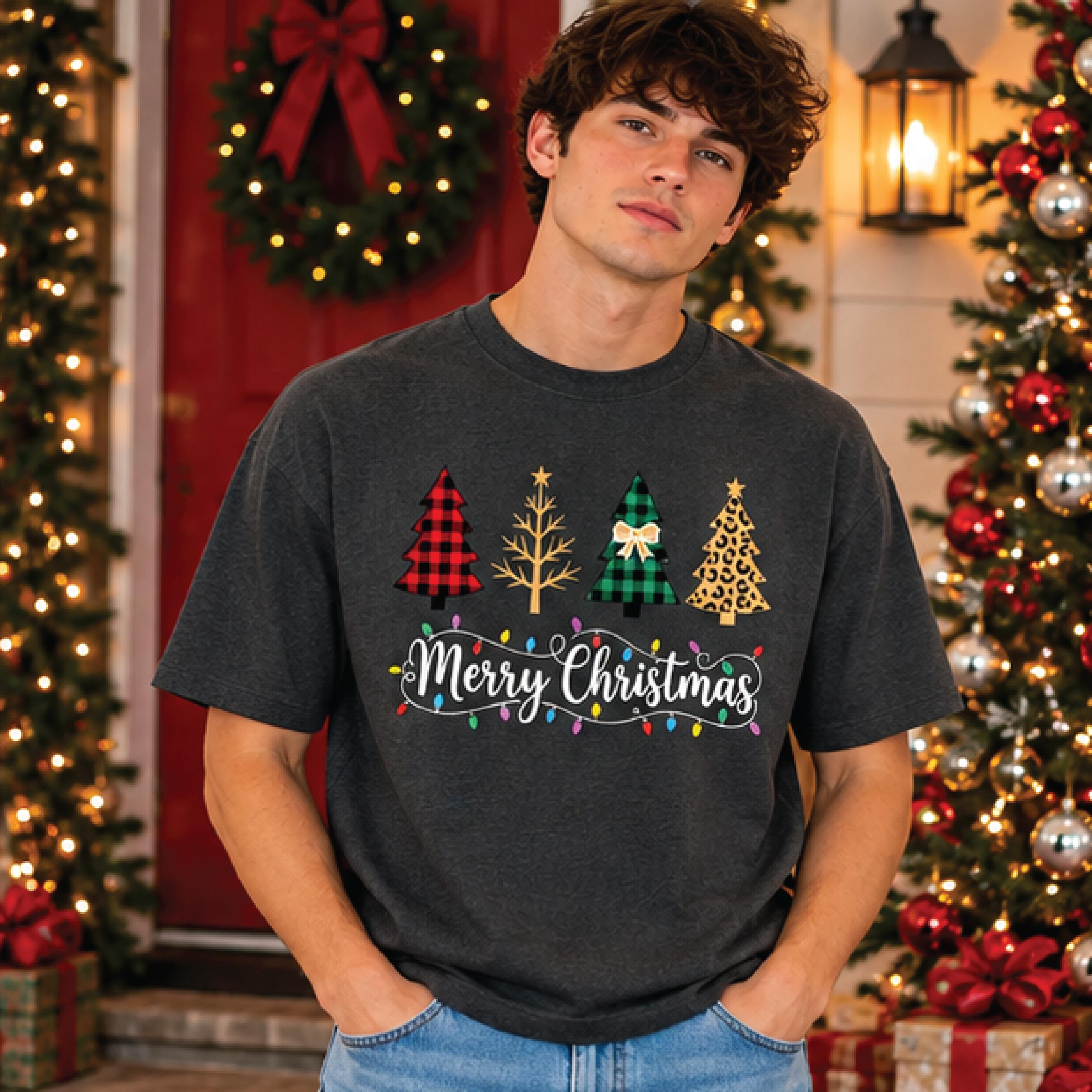 merry christmas tree t-shirt, plaid holiday trees graphic tee, festive christmas lights shirt, cute xmas gift