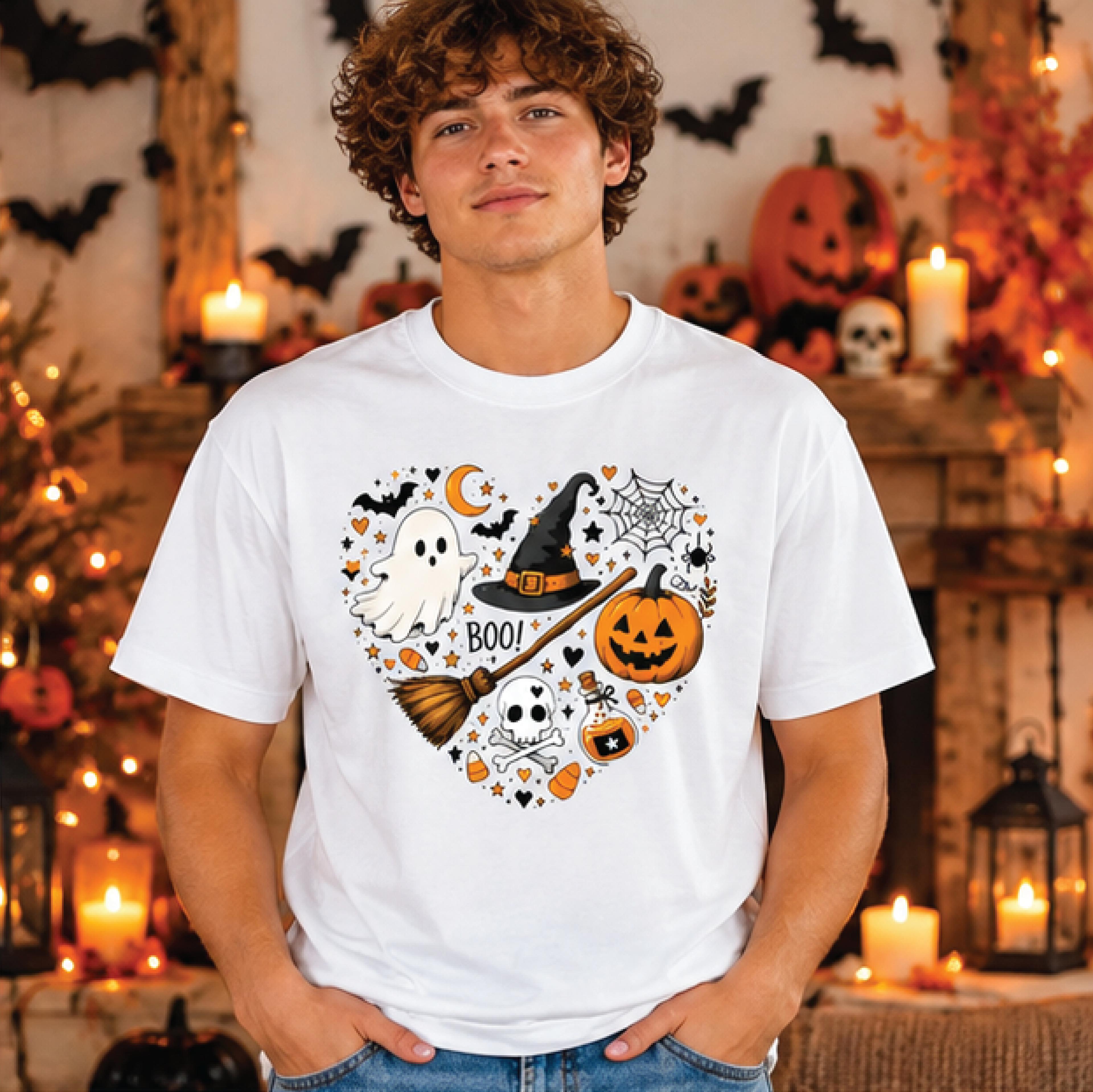 cute halloween t-shirt, ghost pumpkin witch hat graphic tee, spooky boo shirt, halloween party gift, fall horror tee