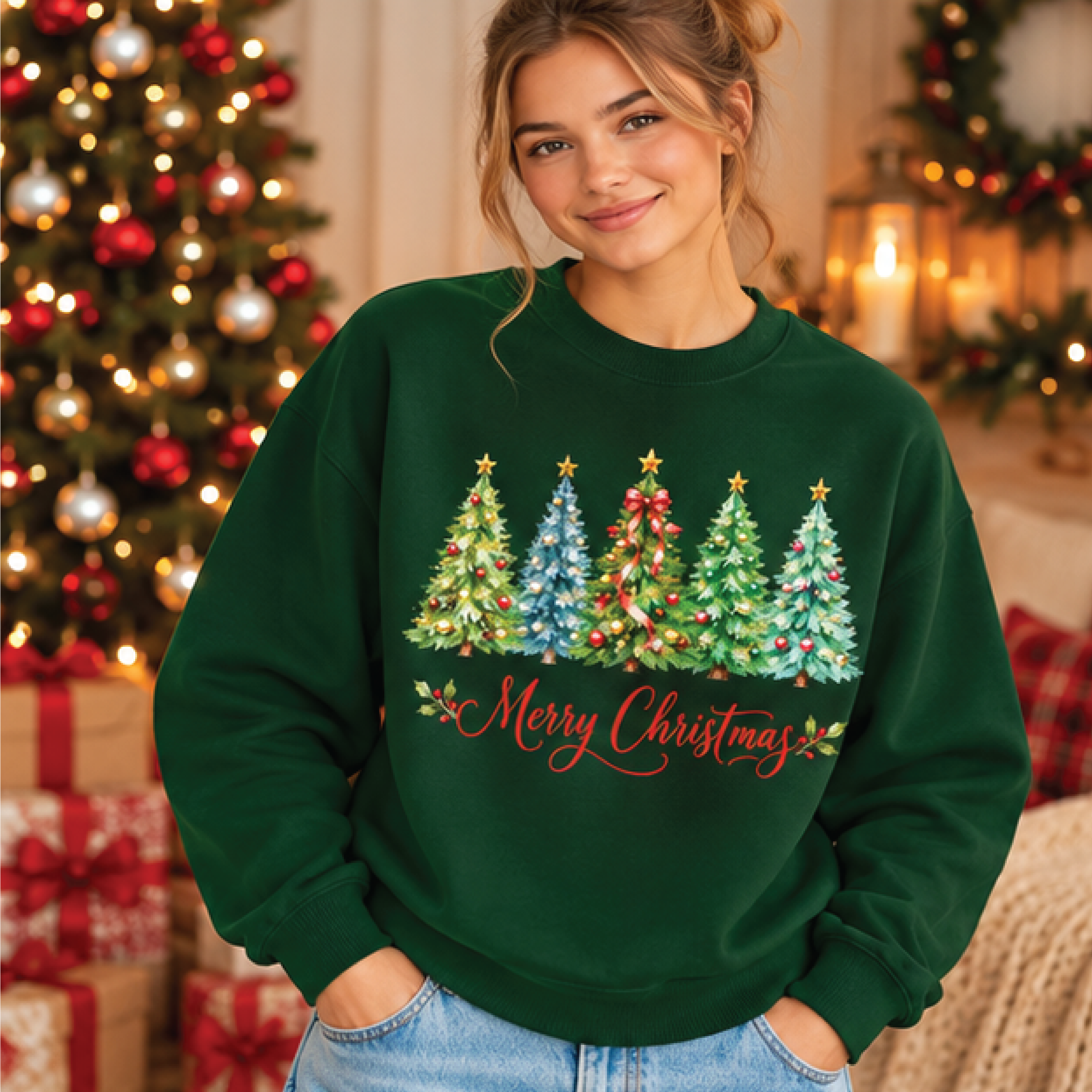 merry christmas tree sweatshirt, watercolor holiday trees crewneck, vintage xmas sweater, cozy festive christmas gift