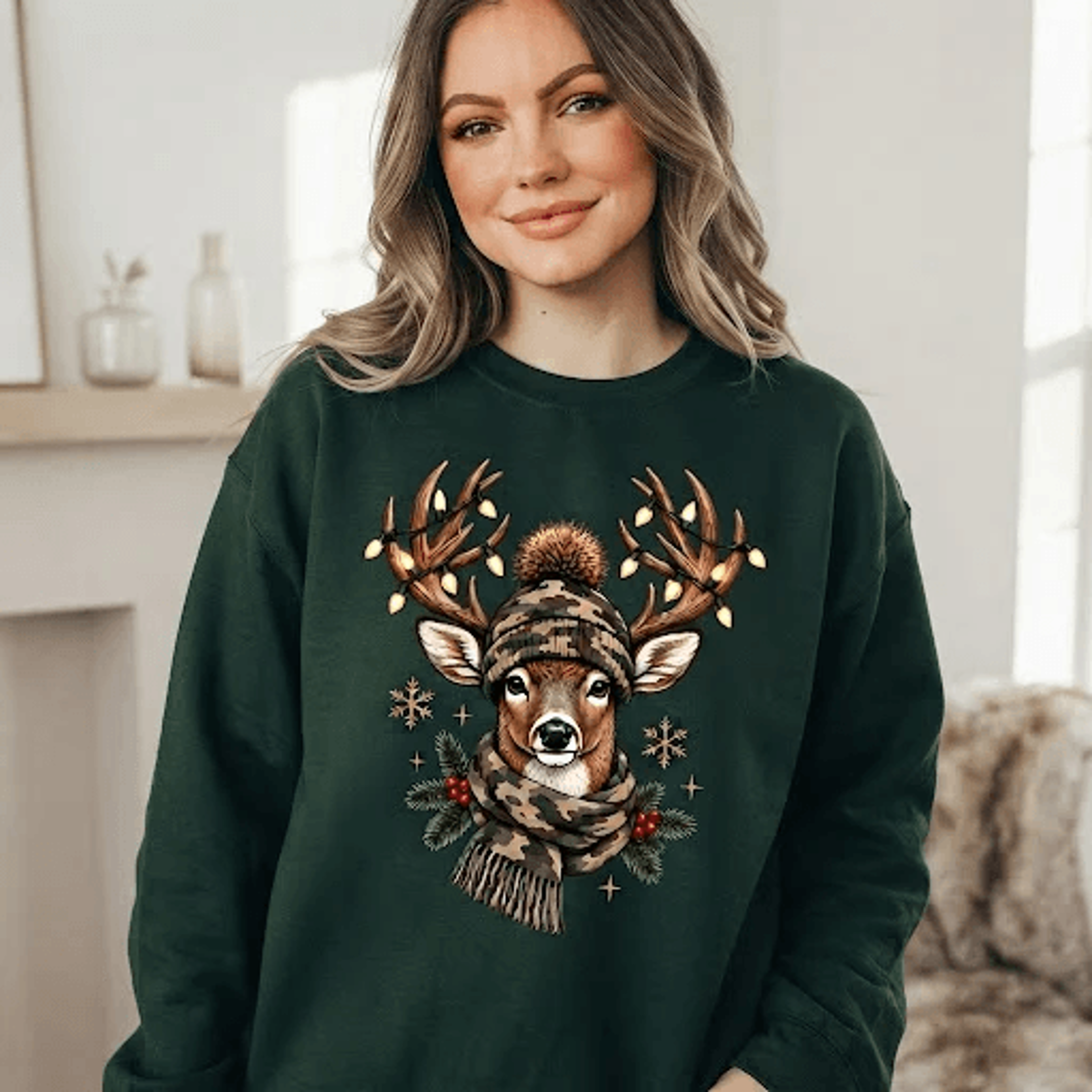 christmas deer sweatshirt, reindeer holiday crewneck, woodland buck christmas shirt, rustic winter pullover, hunter gift