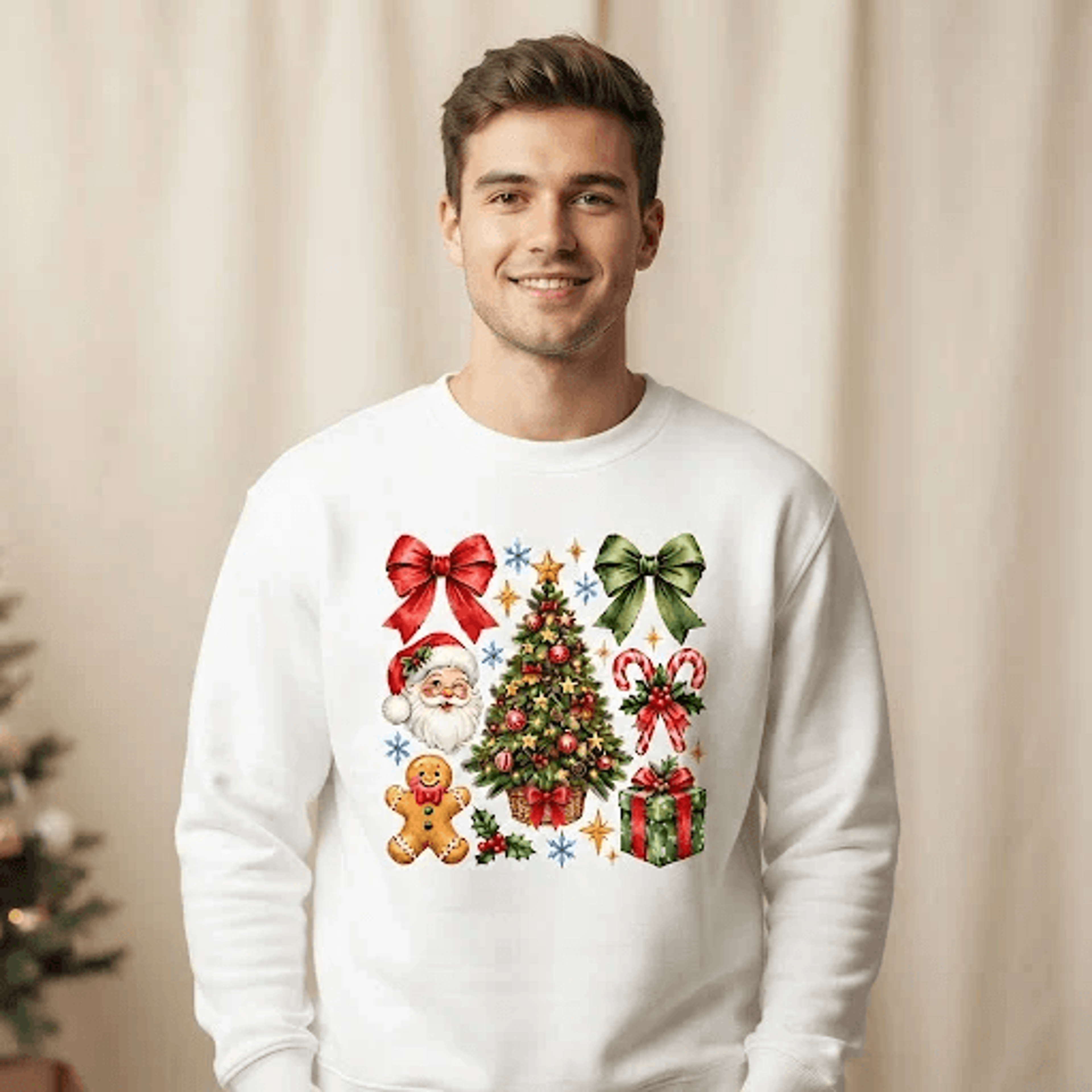 vintage christmas sweatshirt, santa christmas tree shirt, retro holiday bow crewneck, gingerbread candy cane xmas gift