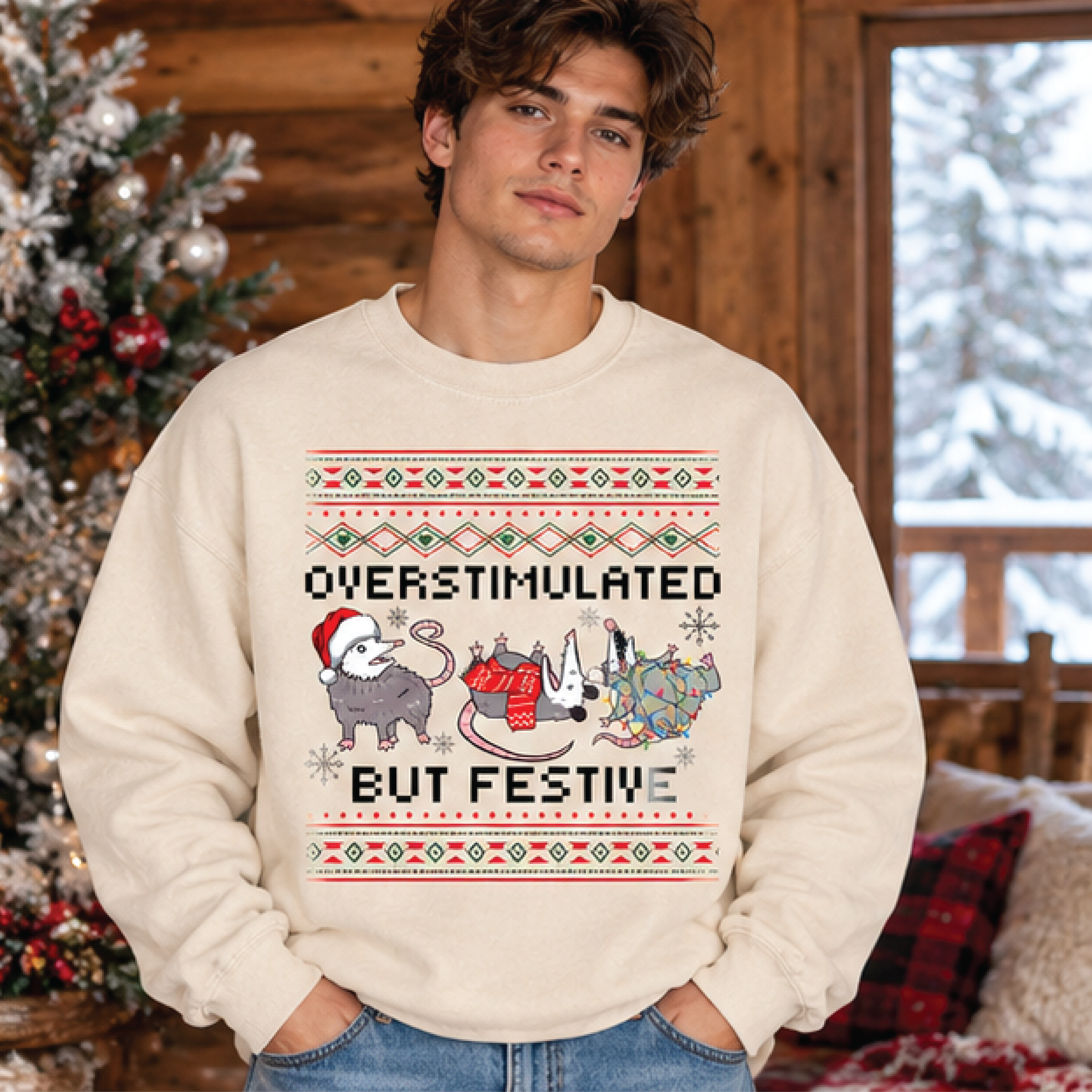 funny christmas opossum sweatshirt, overstimulated but festive crewneck, holiday possum sweater, christmas humor gift