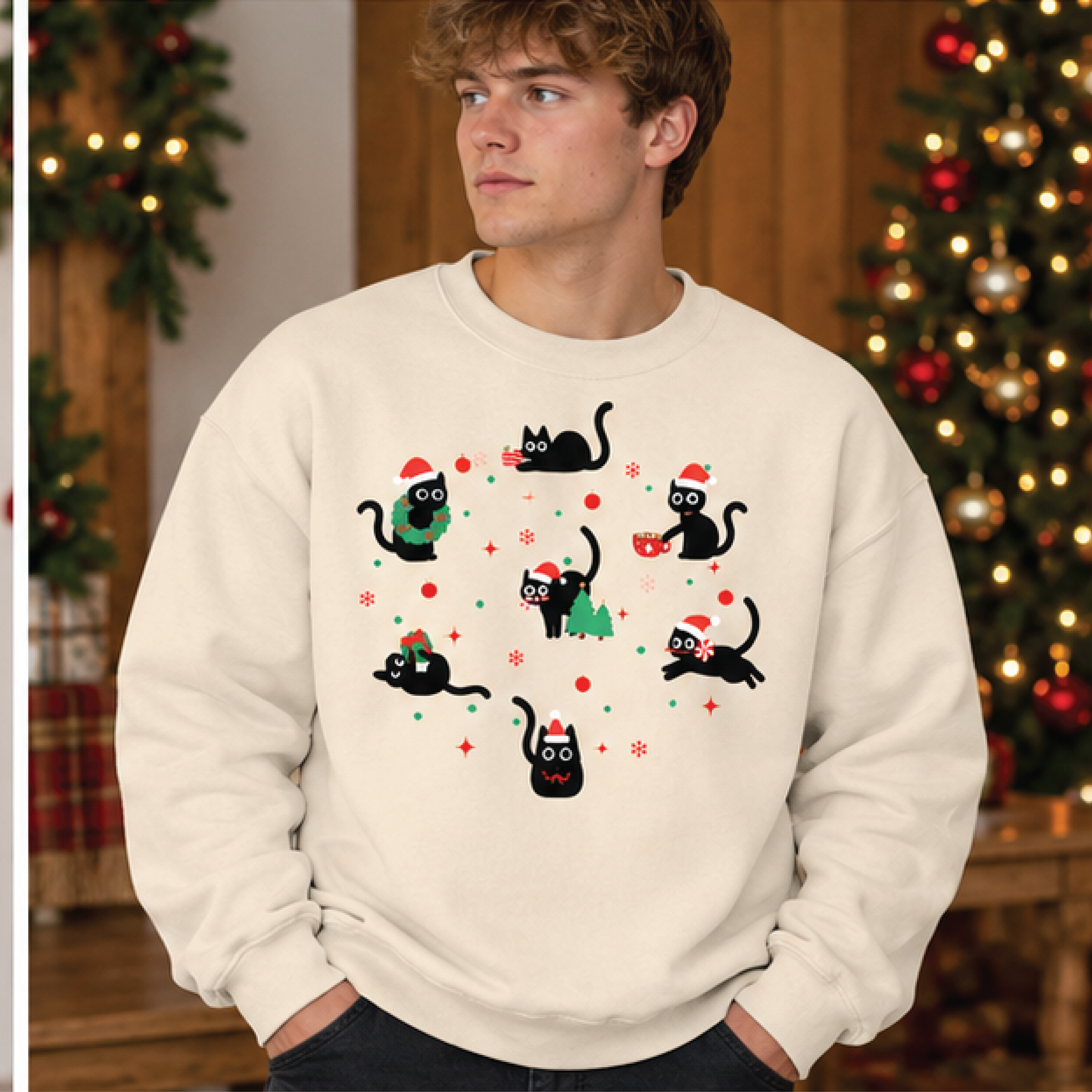 black cat christmas sweatshirt, cute holiday cat crewneck, santa hat kitty sweater, funny cat lover christmas gift