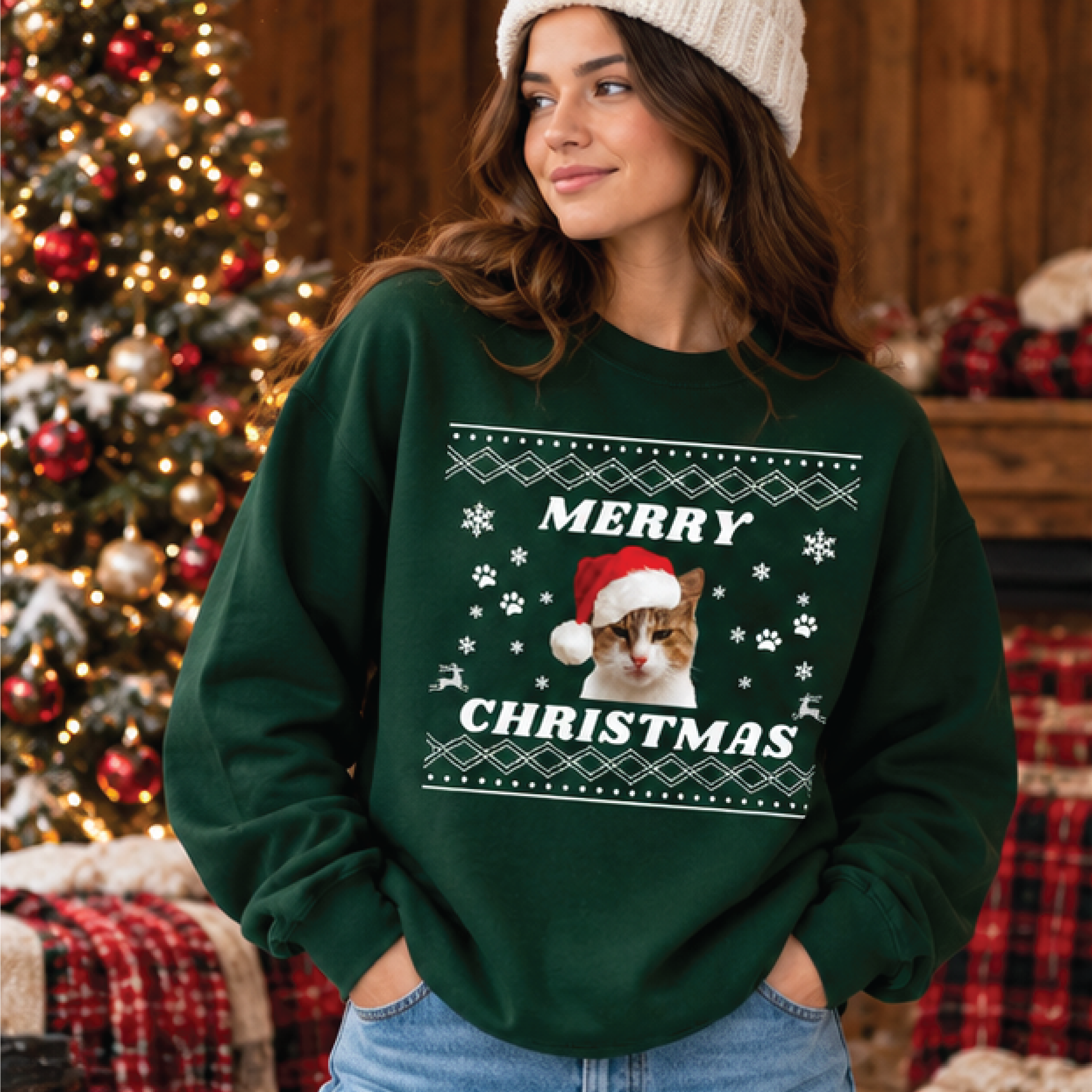 merry christmas cat sweatshirt, santa hat kitty crewneck, cute cat christmas sweater, festive pet lover holiday gift