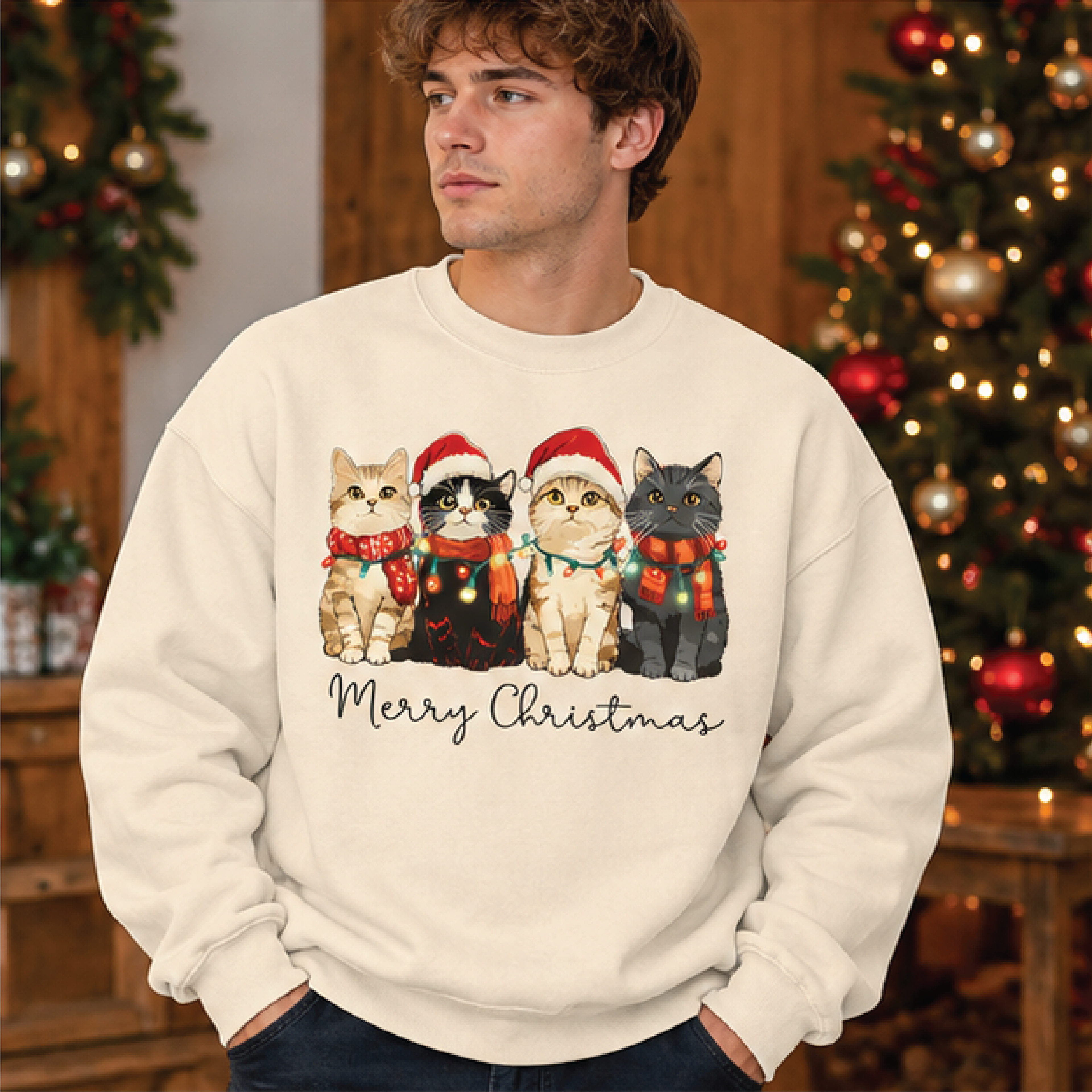 merry christmas cat sweatshirt, cute santa kitty crewneck, festive cat lover sweater, cozy holiday pet christmas gift