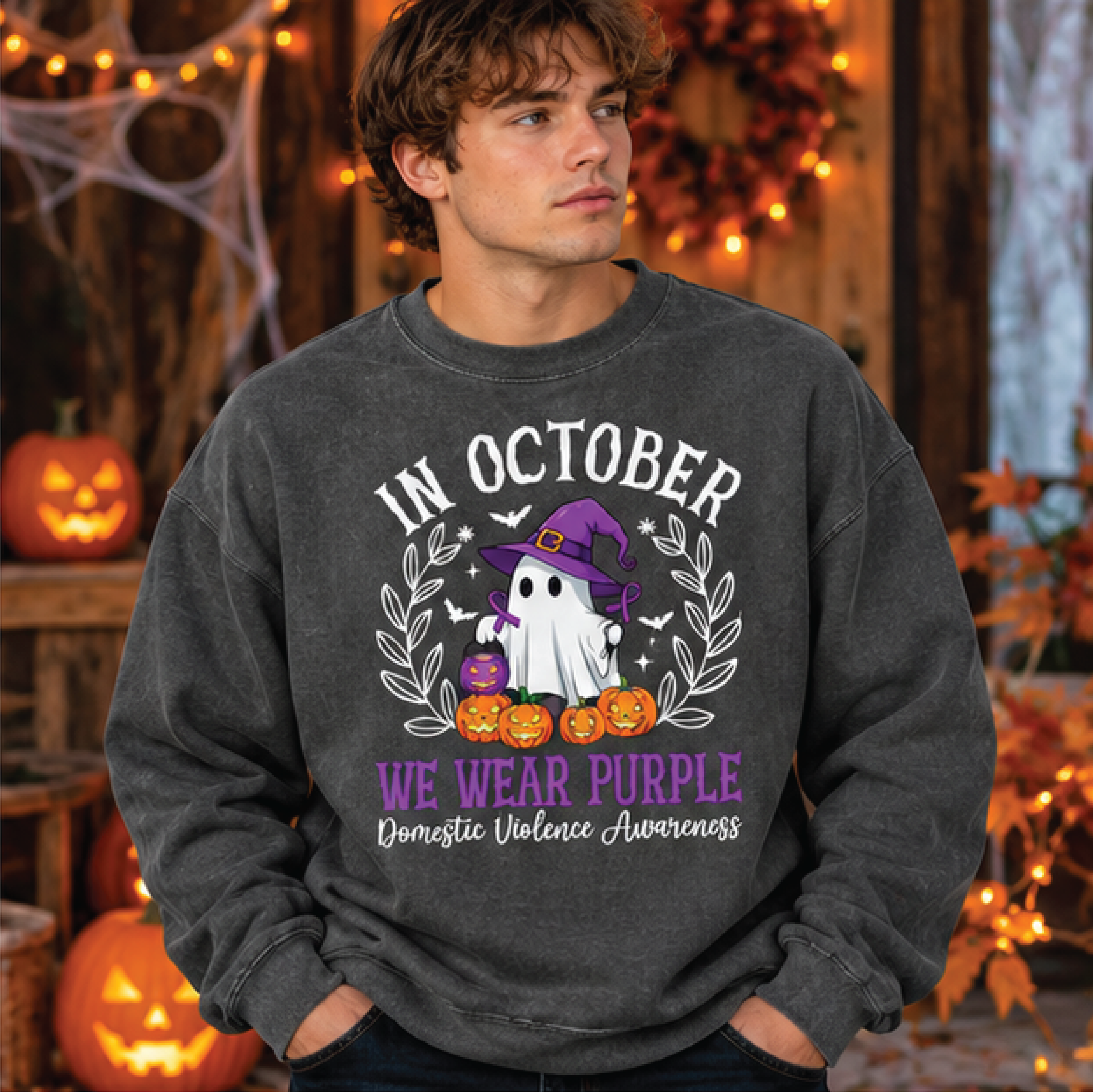 in october we wear purple sweatshirt, domestic violence awareness shirt, purple ribbon halloween ghost crewneck, support