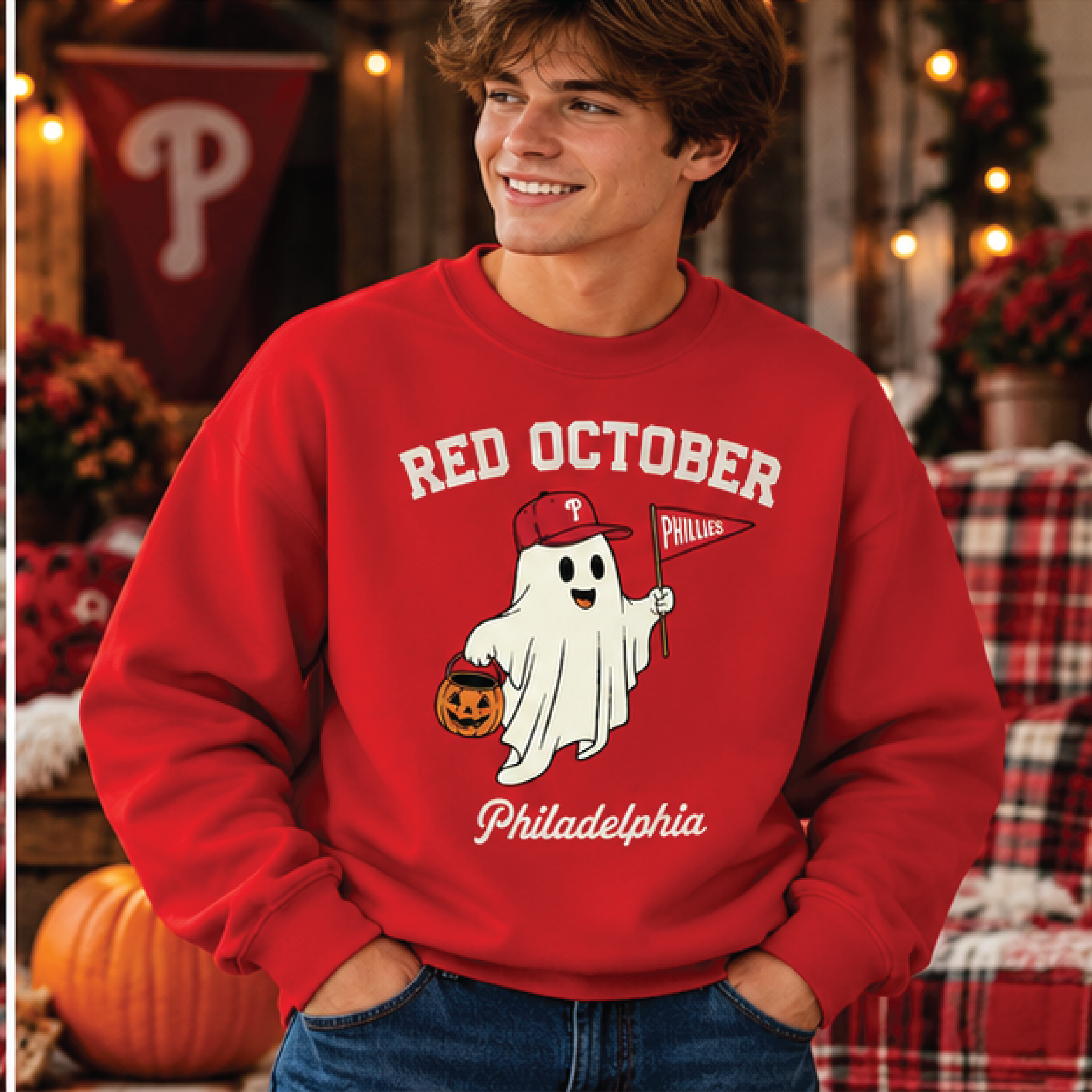 philadelphia phillies red october halloween sweatshirt, phillies ghost baseball crewneck, philly baseball fan fall shirt