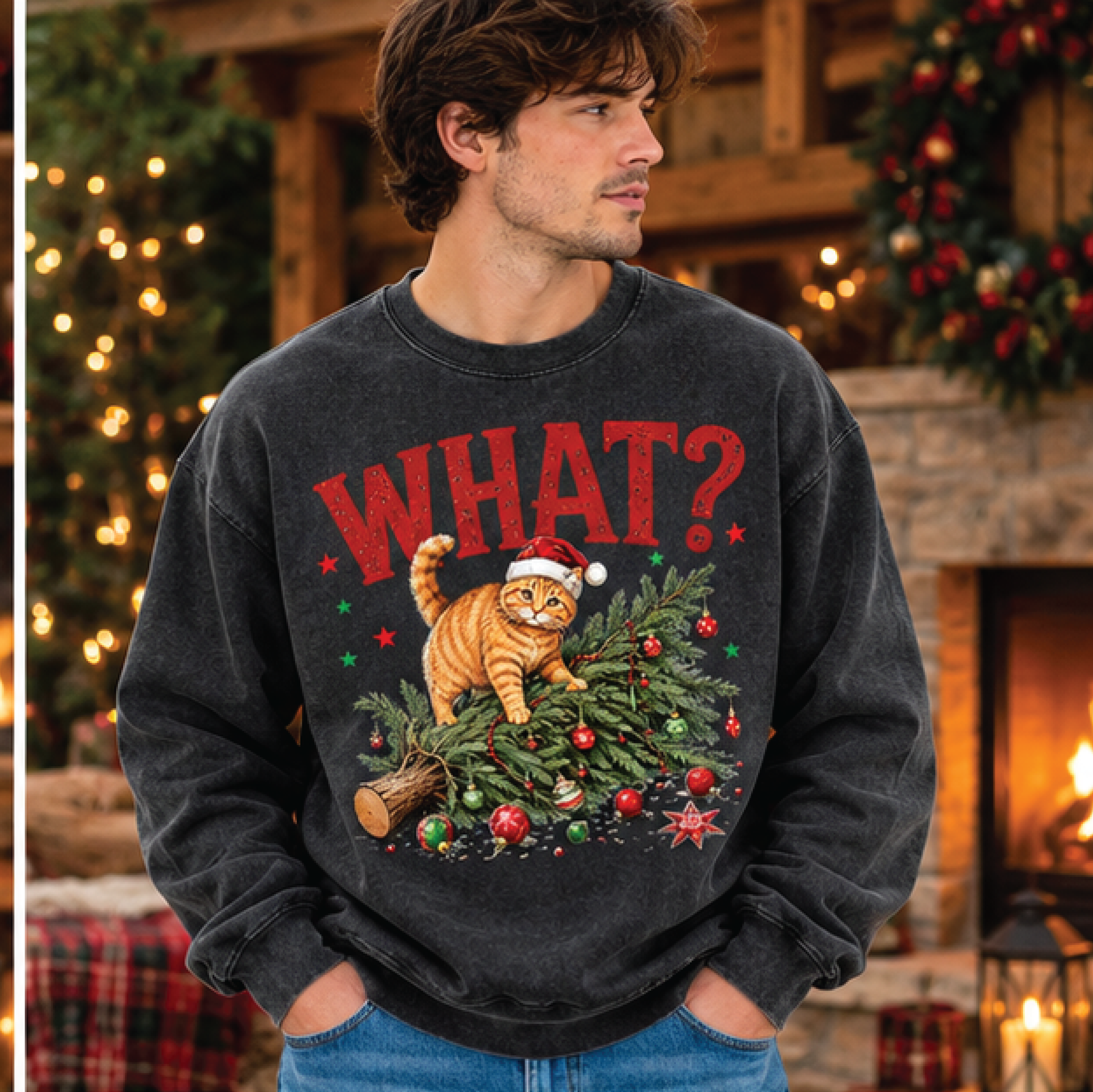 funny christmas cat sweatshirt, what cat christmas crewneck, santa cat holiday shirt, cat lover christmas gift
