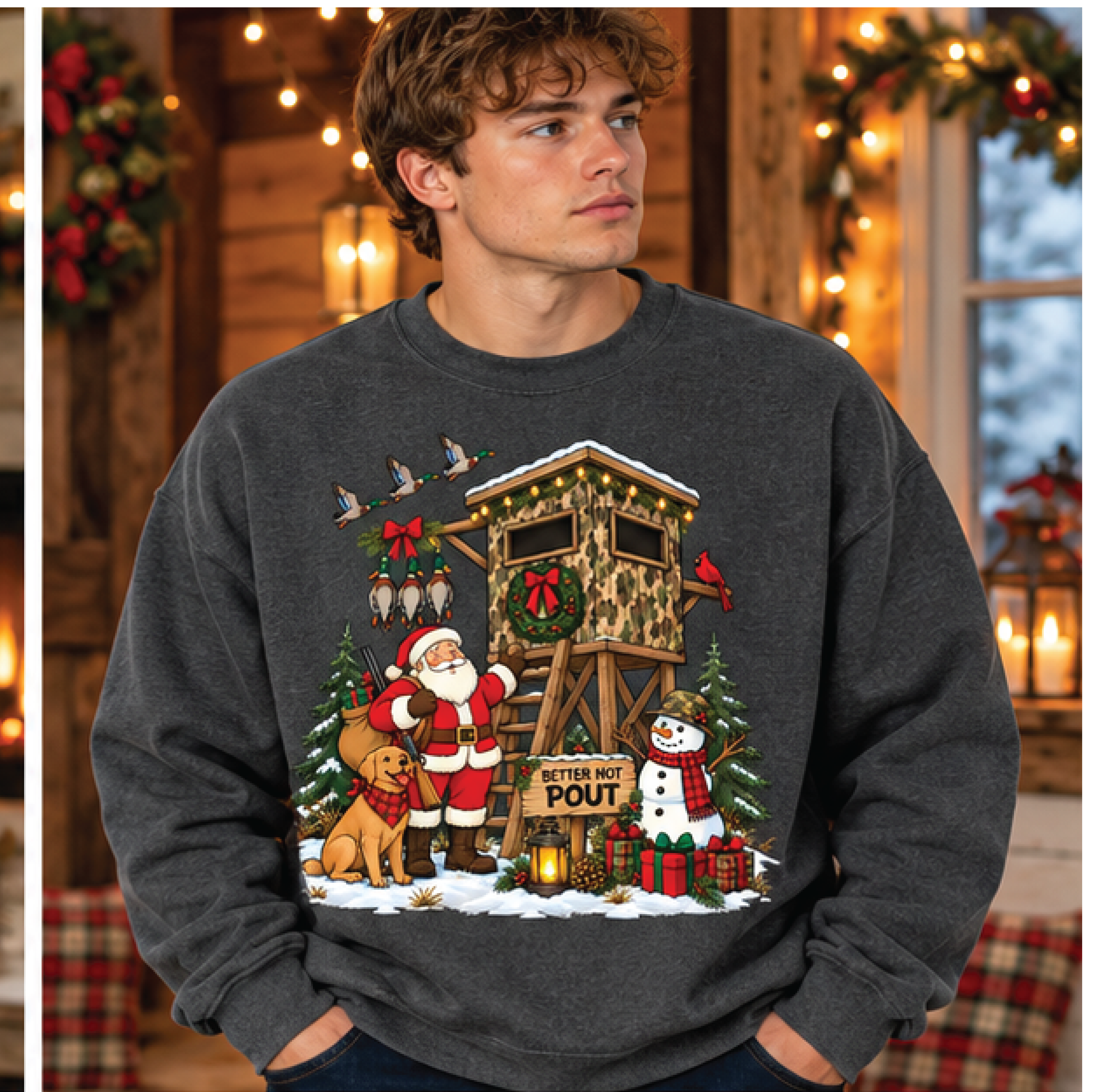 hunting christmas sweatshirt, santa deer stand crewneck, duck hunting holiday sweater, hunter xmas gift, outdoor