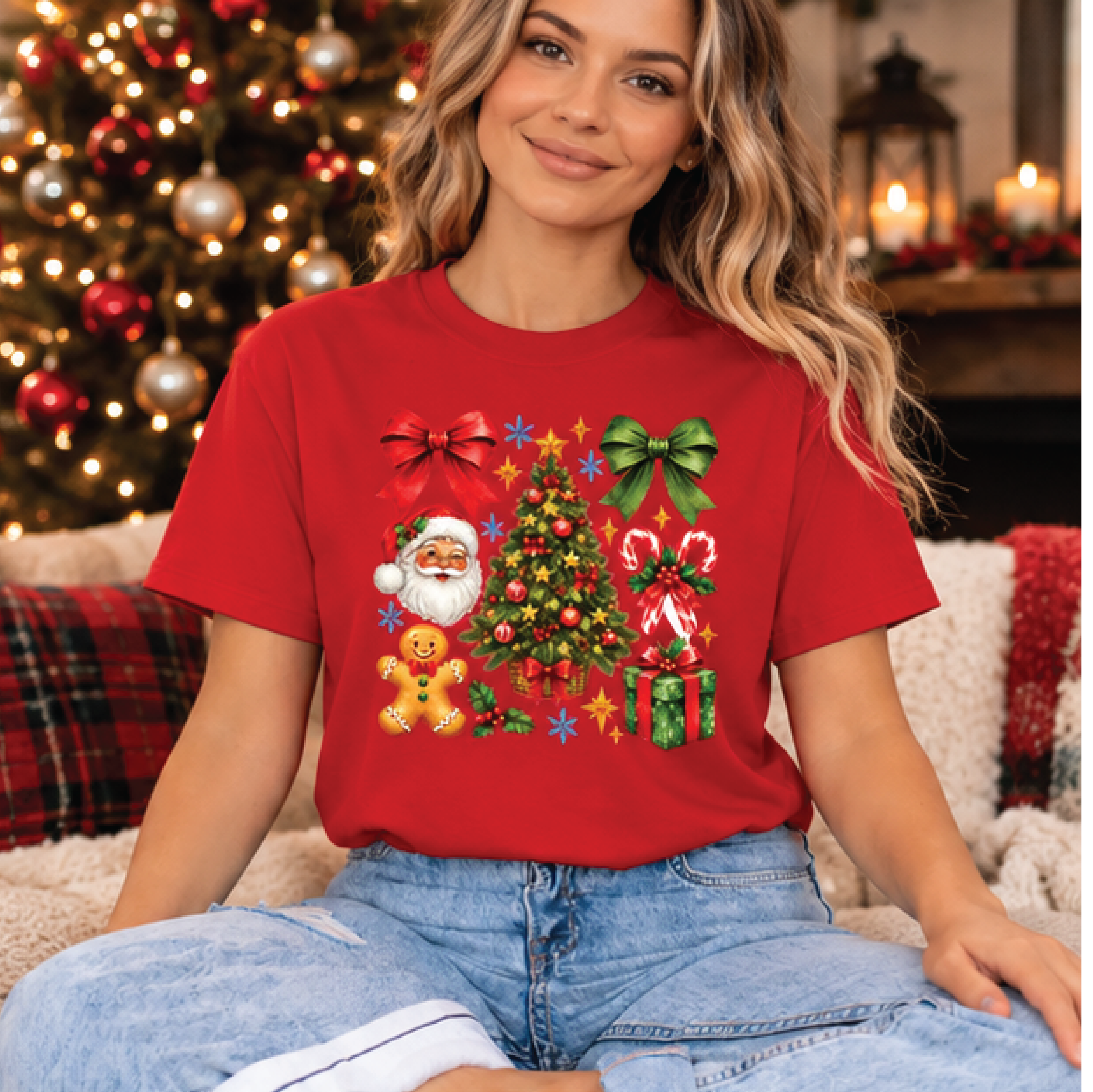 vintage christmas t-shirt, retro santa christmas tree shirt, coquette bow holiday tee, cute festive xmas gift